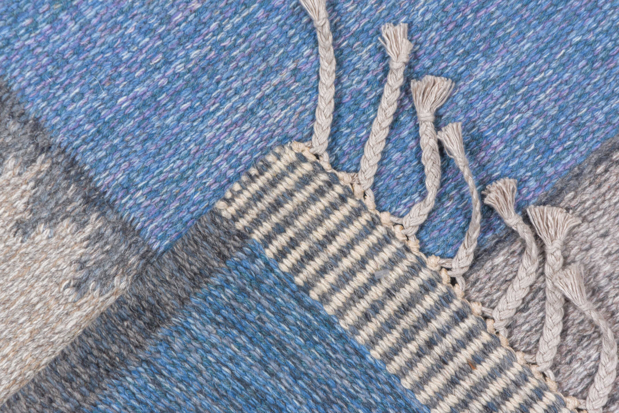6' x 9' one-of-a-kind handmade vintage Rollaken medium size rug. Color palette: blue, ivory, taupe, lavender, rose, slate