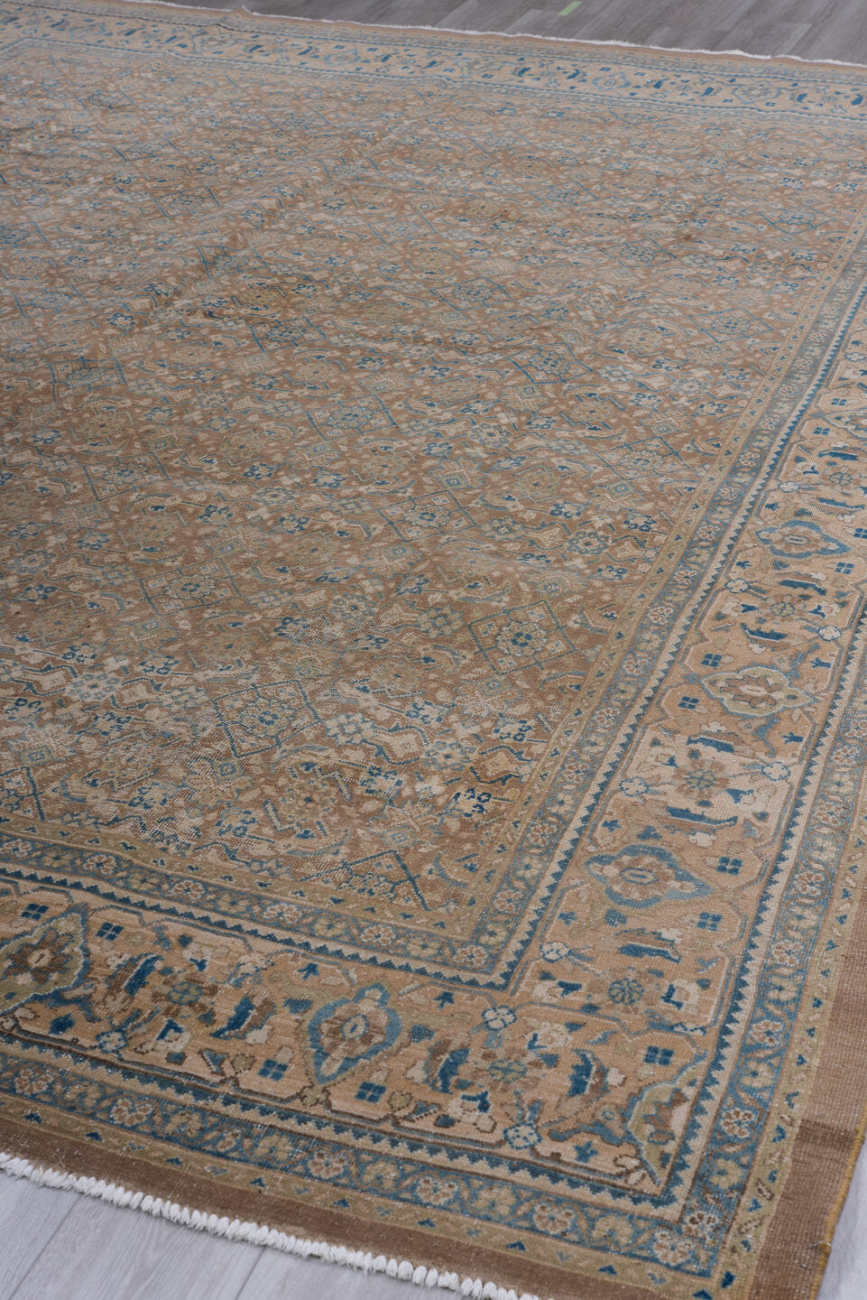 9' x 13' one-of-a-kind handmade vintage Mahal large size rug. Color palette: blue, brown, fiord, gray, light gray, off-white