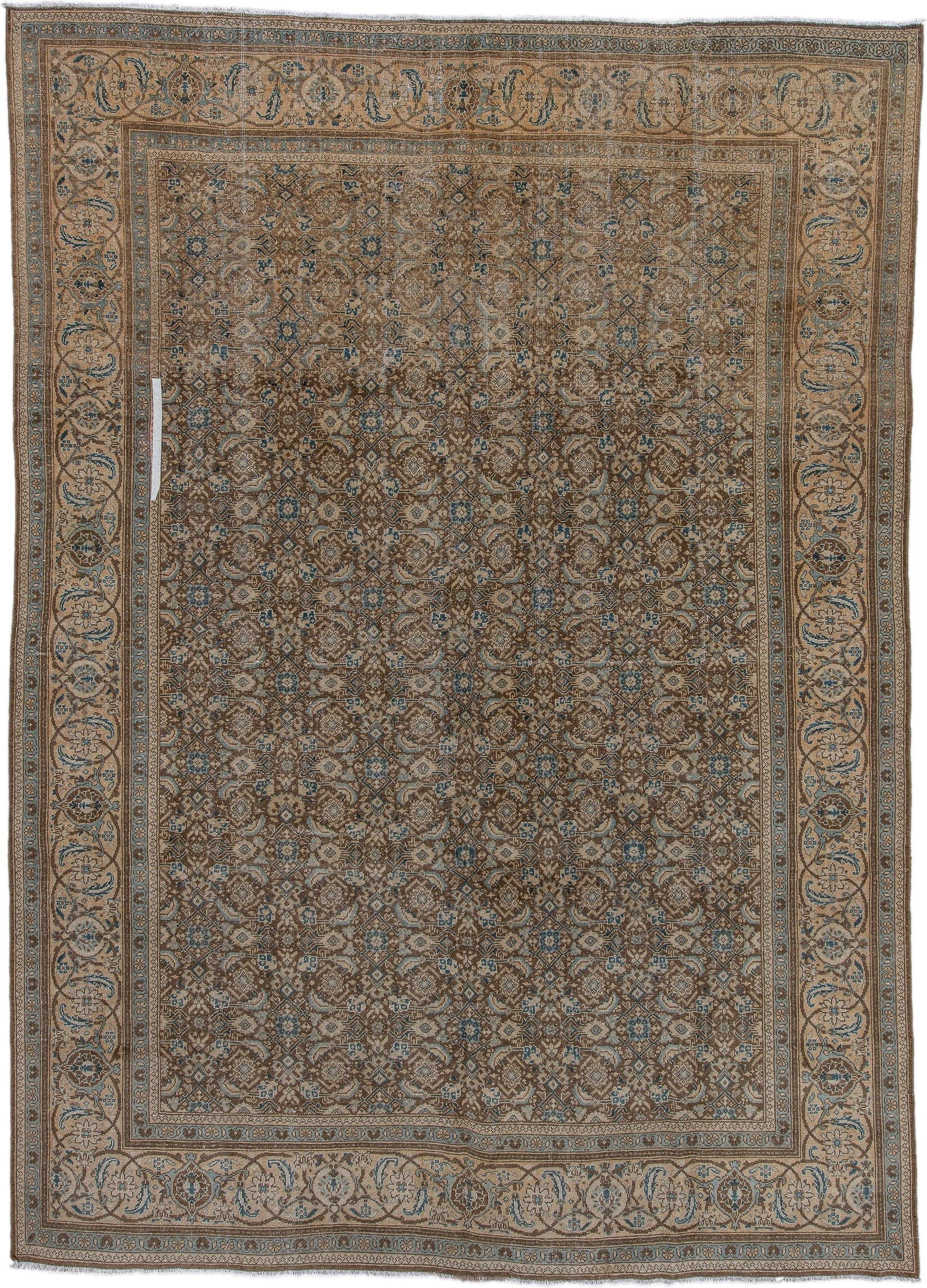 8' x 11' one-of-a-kind handmade vintage Mahal large size rug. Color palette: taupe, beige, brown, ivory, slate, camel, blue