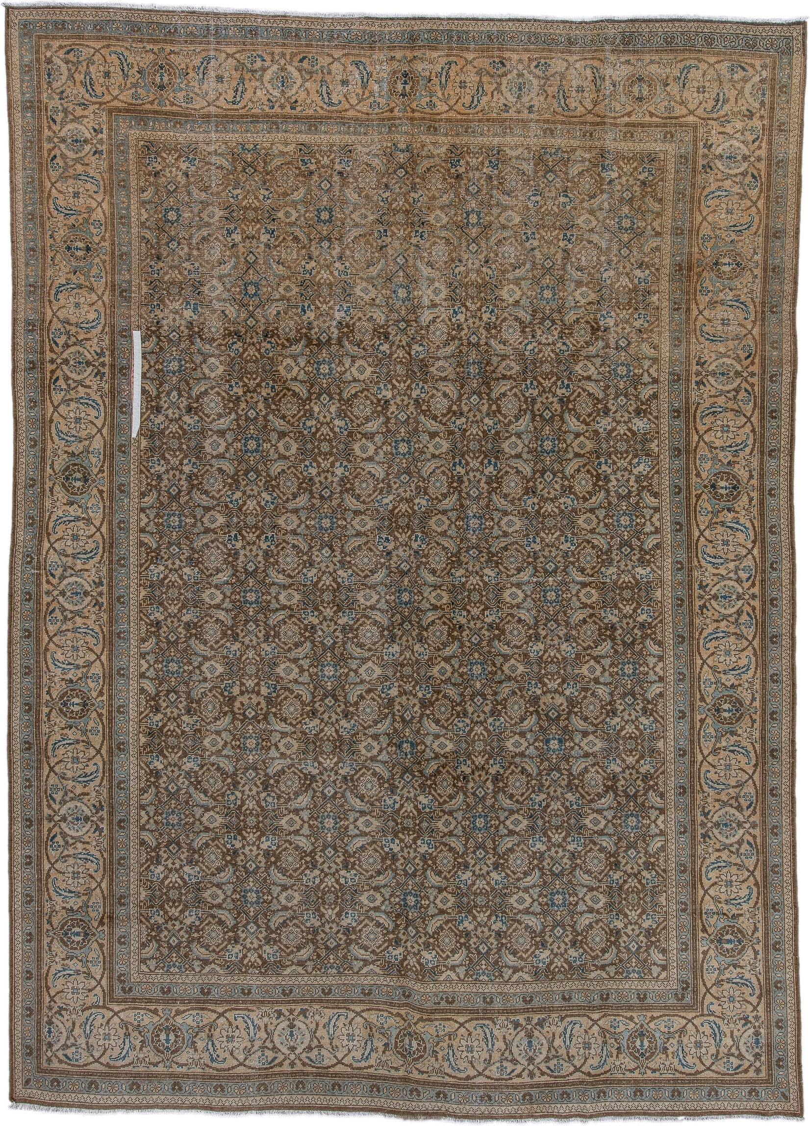 8' x 11' one-of-a-kind handmade vintage Mahal large size rug. Color palette: taupe, beige, brown, ivory, slate, camel, blue