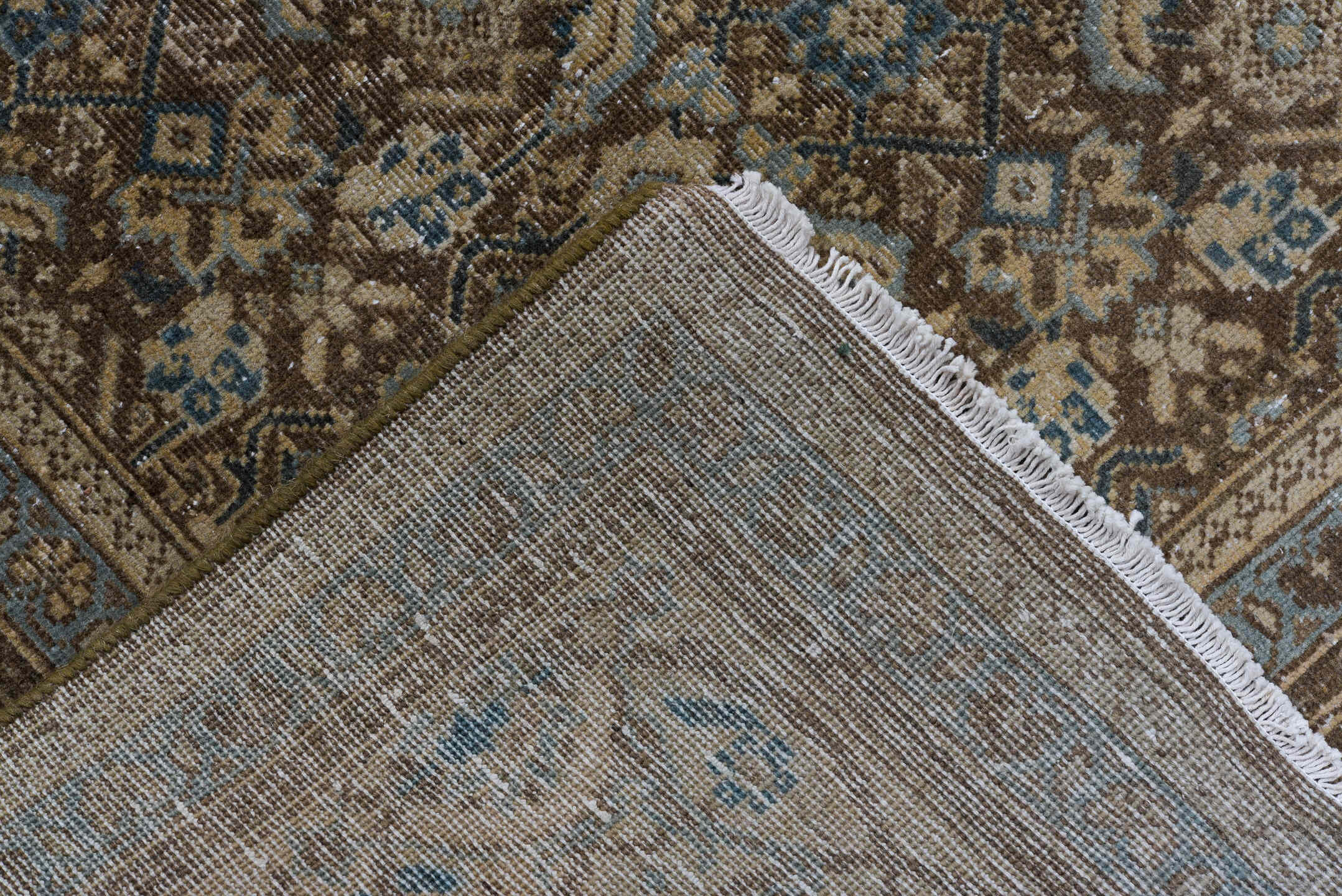 8' x 11' one-of-a-kind handmade vintage Mahal large size rug. Color palette: taupe, beige, brown, ivory, slate, camel, blue