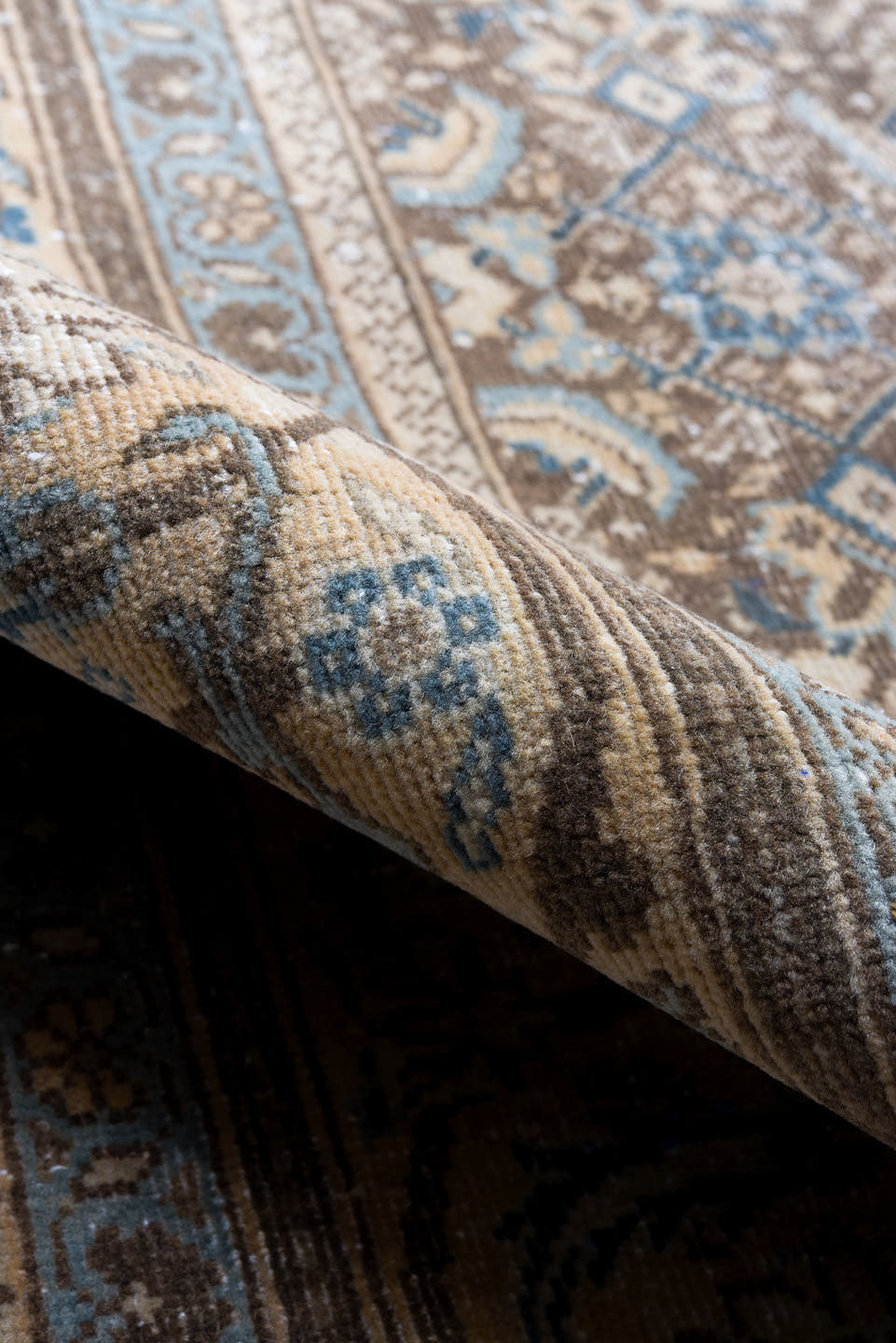 8' x 11' one-of-a-kind handmade vintage Mahal large size rug. Color palette: taupe, beige, brown, ivory, slate, camel, blue