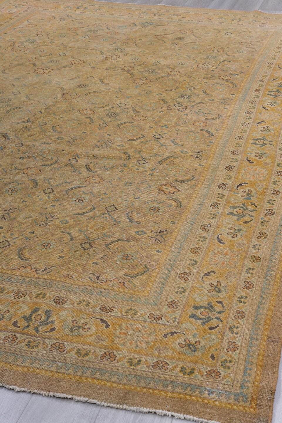 8' x 12' one-of-a-kind handmade vintage Mahal large size rug. Color palette: taupe, camel, ivory, slate, sage, gold, beige