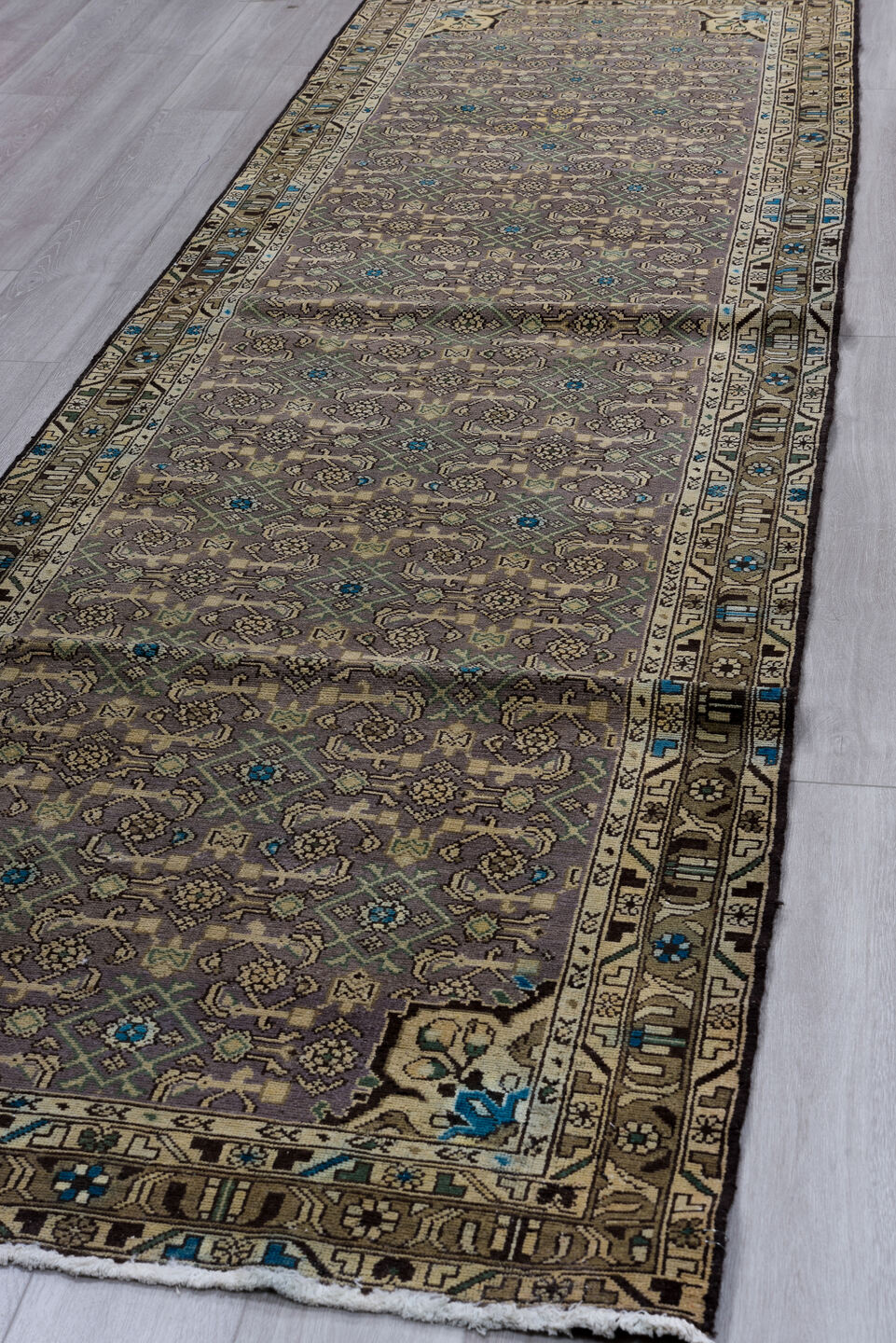 3' x 13' one-of-a-kind handmade vintage Malayer runner rug. Color palette: taupe, brown, ivory, charcoal, cobalt, camel