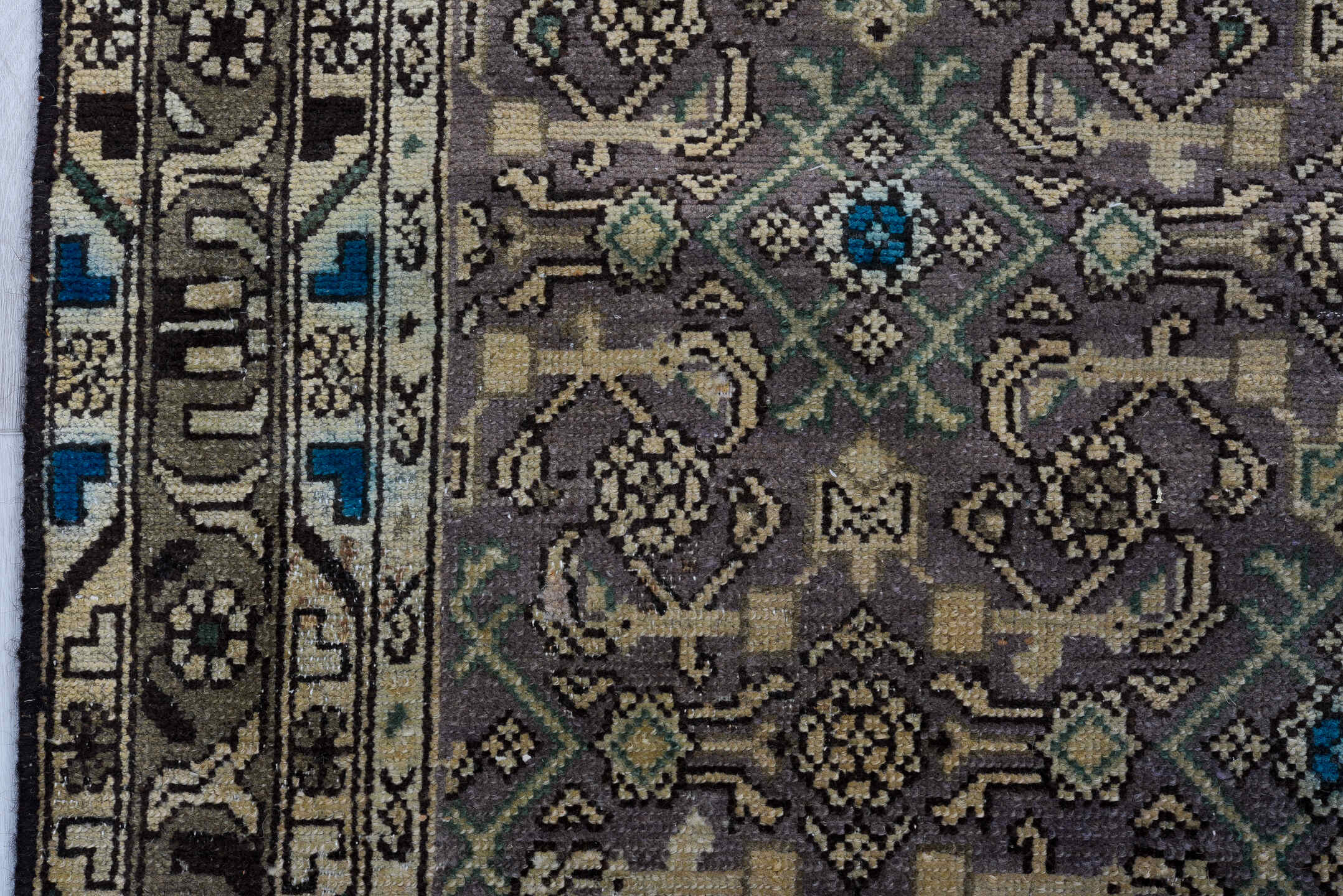 3' x 13' one-of-a-kind handmade vintage Malayer runner rug. Color palette: taupe, brown, ivory, charcoal, cobalt, camel