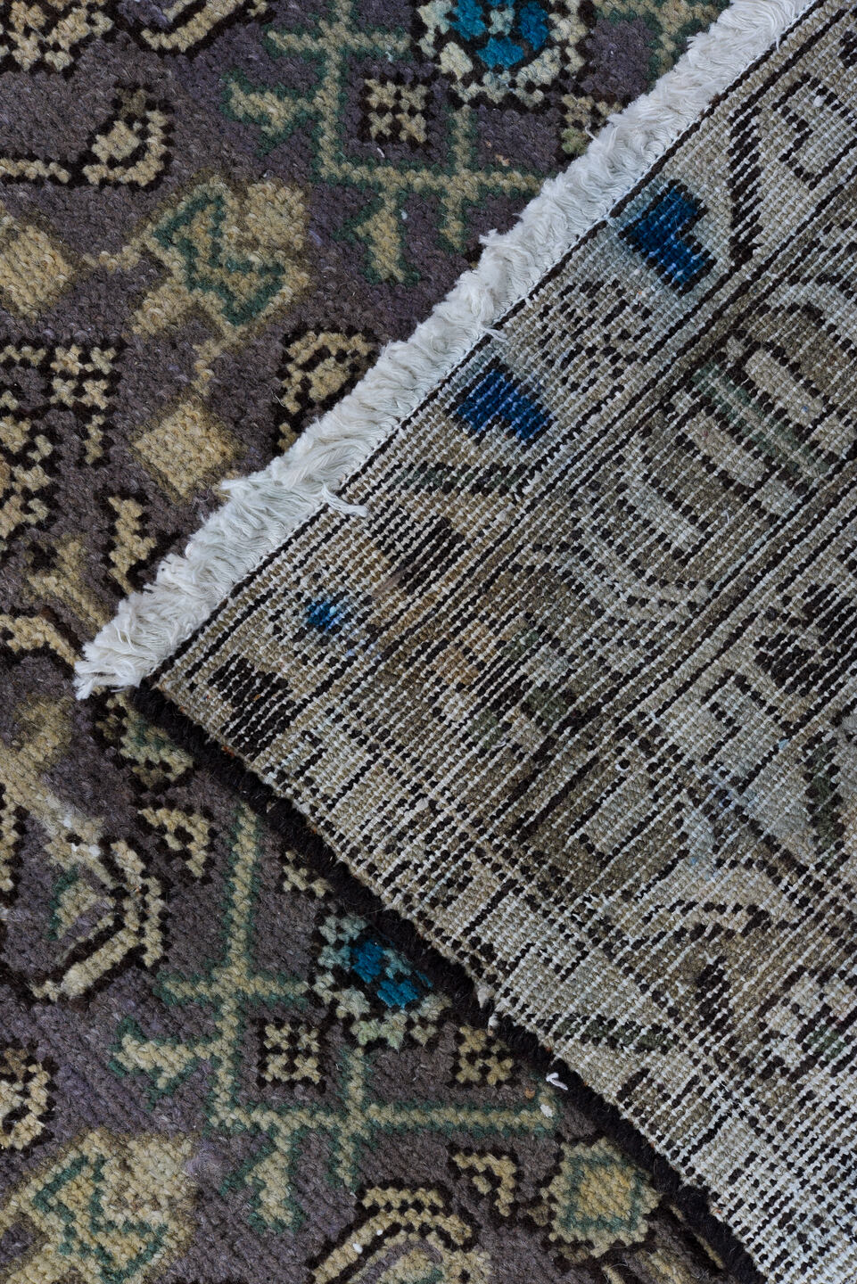 3' x 13' one-of-a-kind handmade vintage Malayer runner rug. Color palette: taupe, brown, ivory, charcoal, cobalt, camel