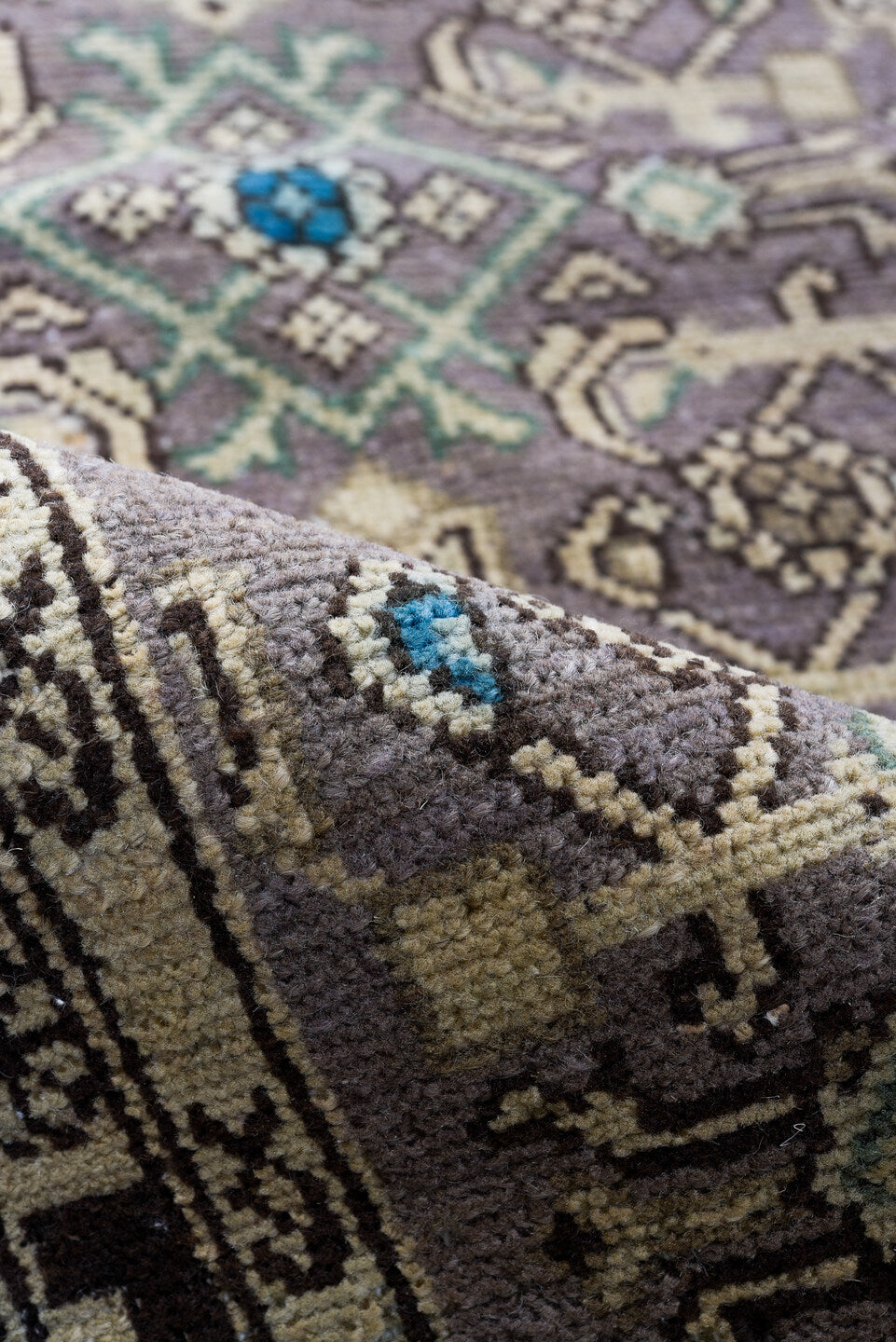 3' x 13' one-of-a-kind handmade vintage Malayer runner rug. Color palette: taupe, brown, ivory, charcoal, cobalt, camel