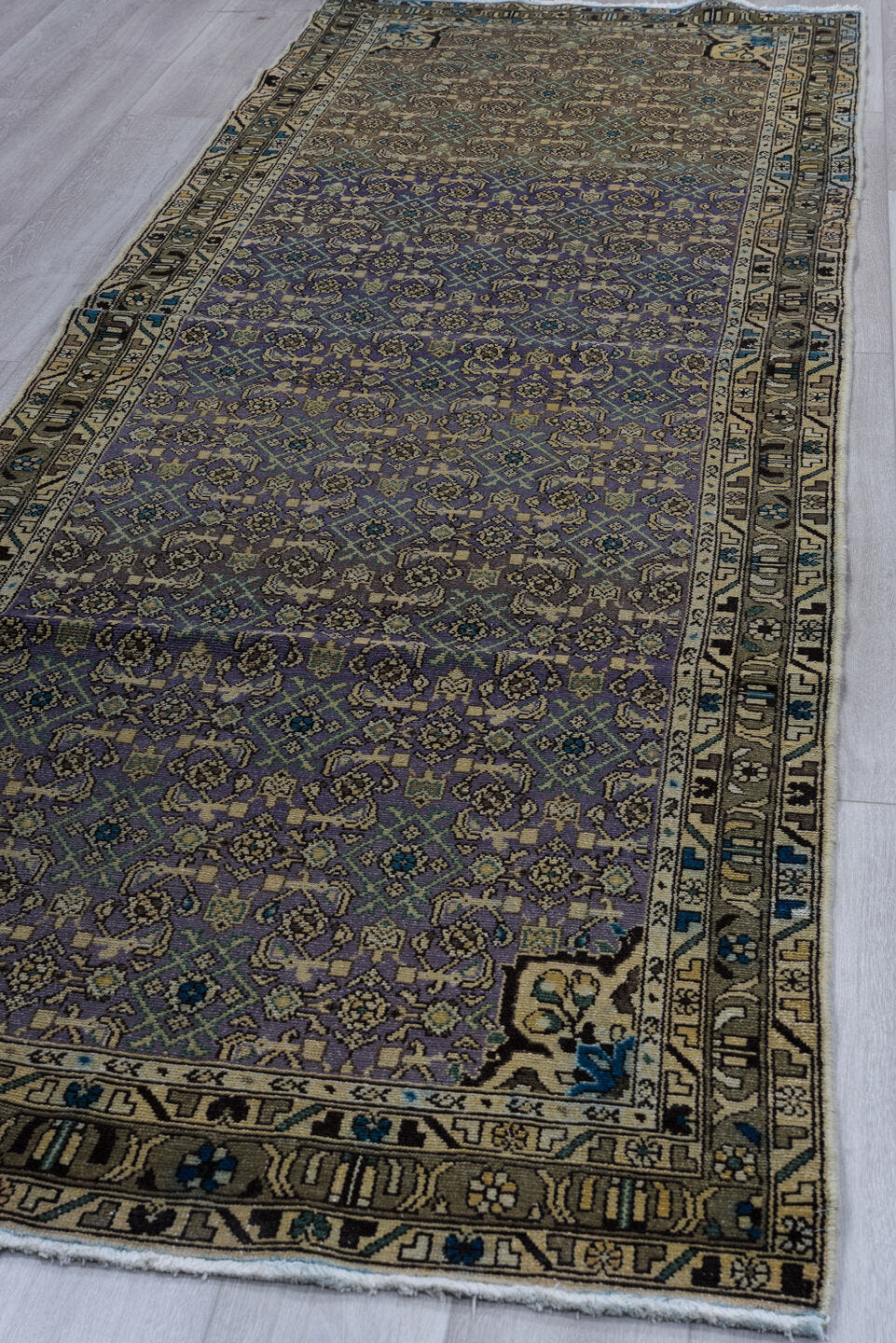 3' x 12' one-of-a-kind handmade vintage Malayer runner rug. Color palette: taupe, violet, ivory, brown, slate, teal