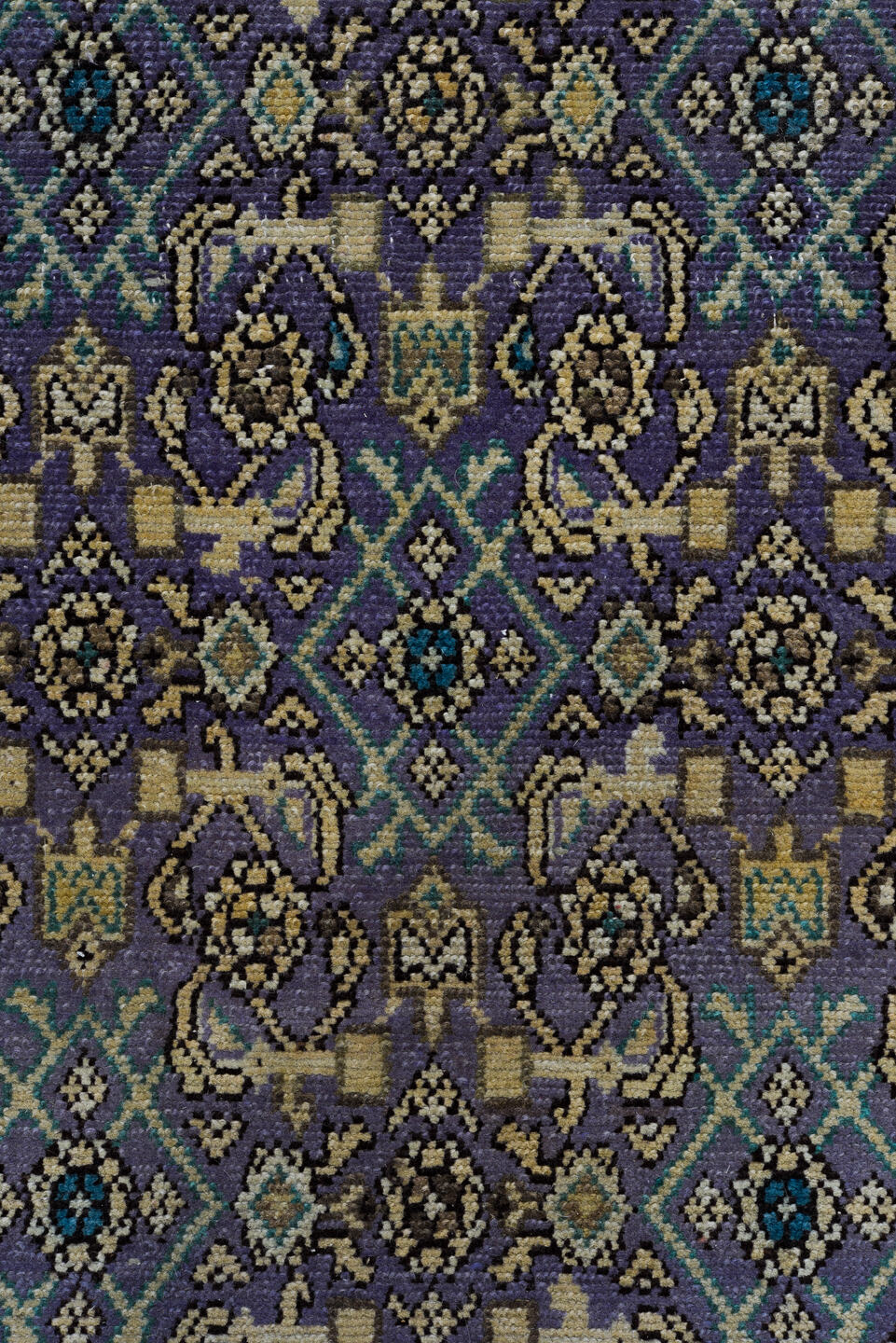 3' x 12' one-of-a-kind handmade vintage Malayer runner rug. Color palette: taupe, violet, ivory, brown, slate, teal