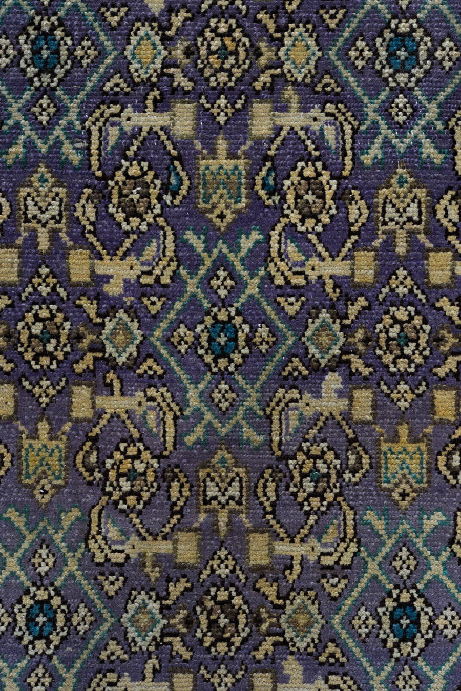 3' x 12' one-of-a-kind handmade vintage Malayer runner rug. Color palette: taupe, violet, ivory, brown, slate, teal