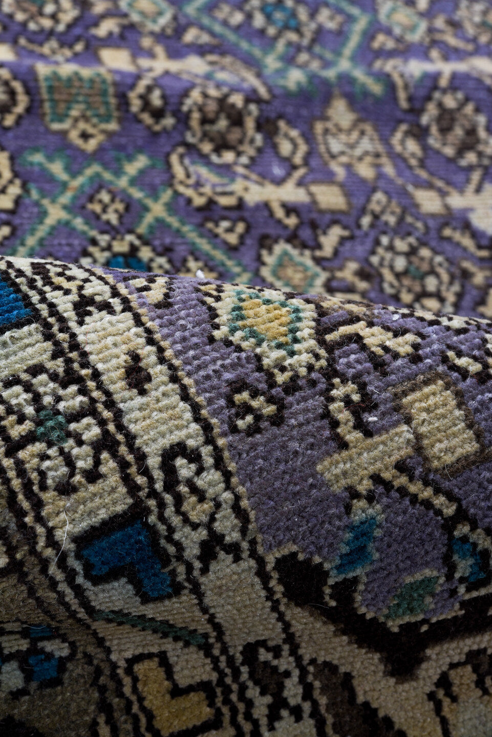 3' x 12' one-of-a-kind handmade vintage Malayer runner rug. Color palette: taupe, violet, ivory, brown, slate, teal