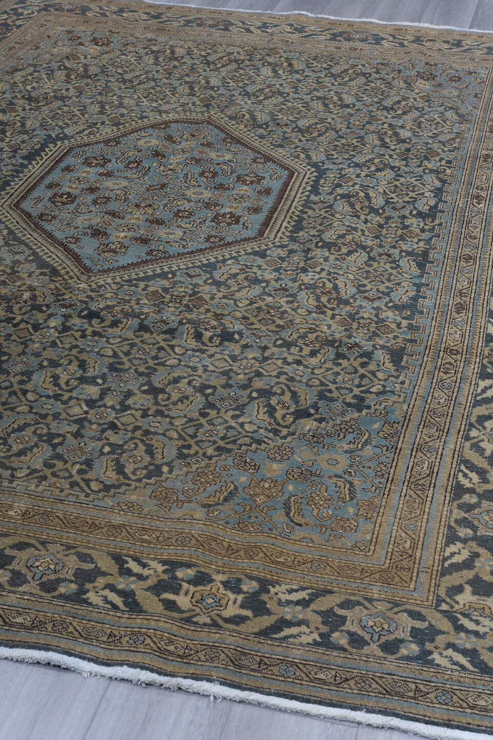 7' x 10' one-of-a-kind handmade vintage Tabriz large size rug. Color palette: blue, ivory, taupe, charcoal, slate, camel