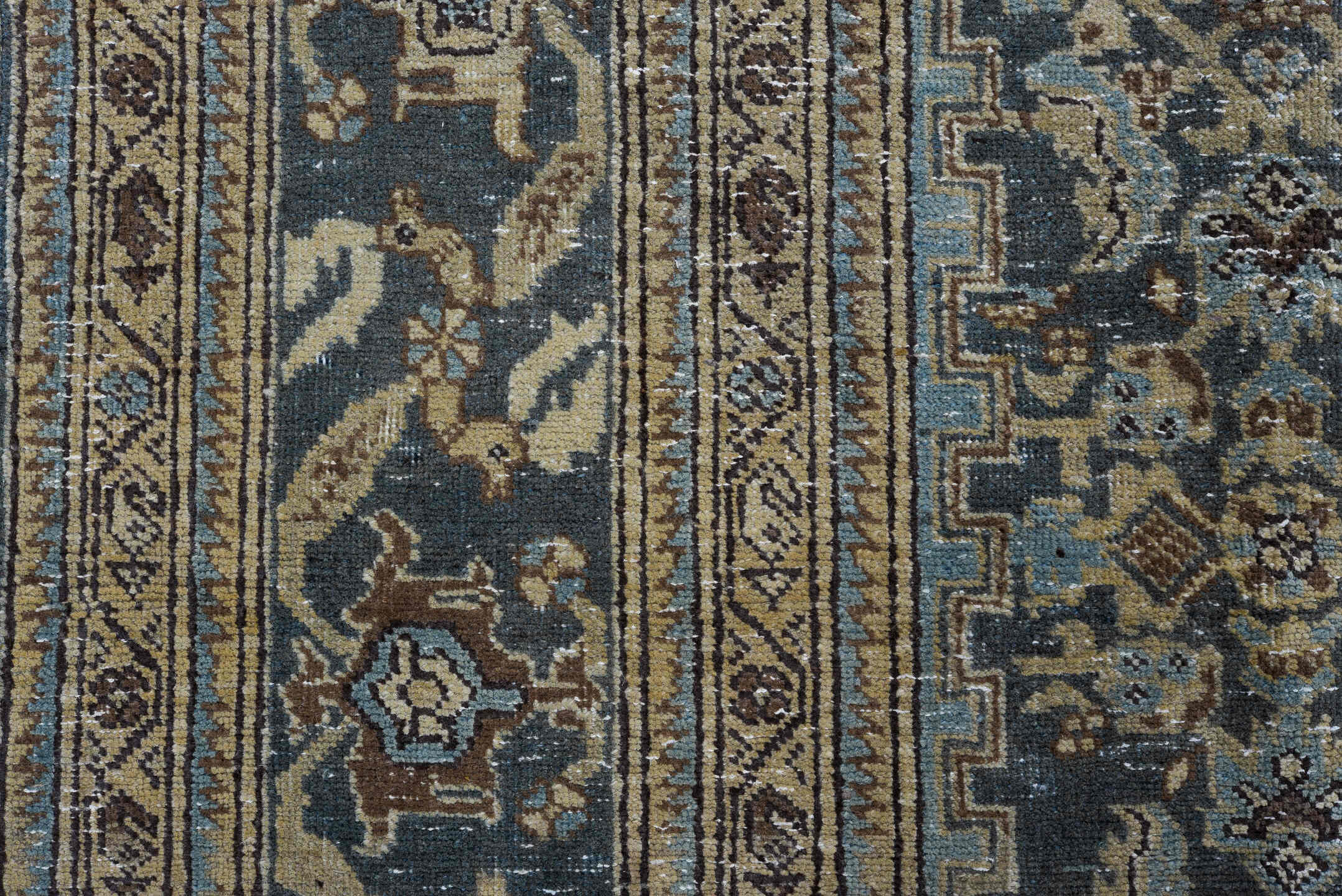 7' x 10' one-of-a-kind handmade vintage Tabriz large size rug. Color palette: blue, ivory, taupe, charcoal, slate, camel