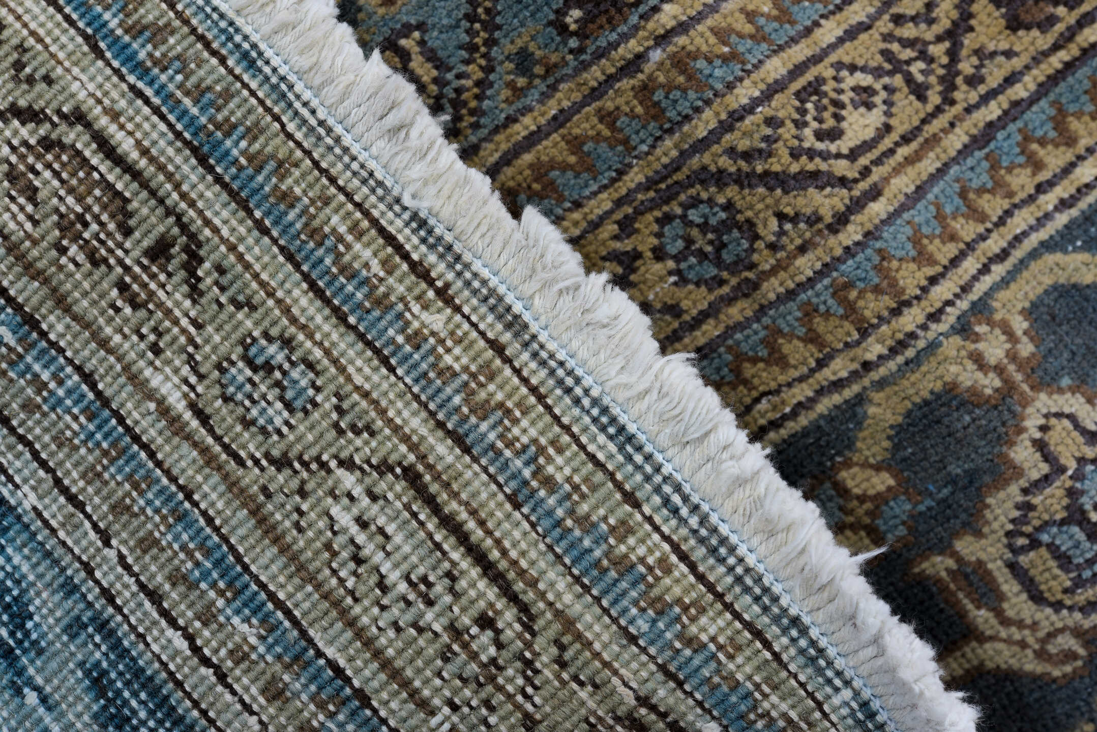 7' x 10' one-of-a-kind handmade vintage Tabriz large size rug. Color palette: blue, navy, ivory, camel, taupe, brown, beige
