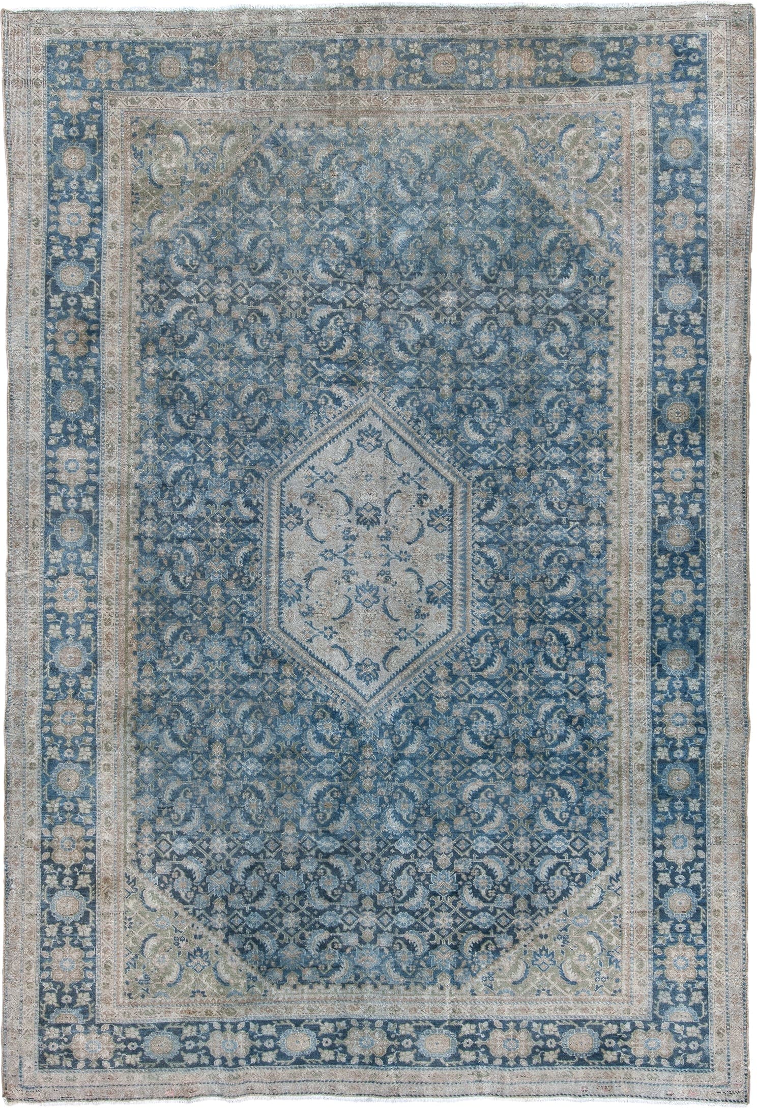 7' x 10' one-of-a-kind handmade vintage Tabriz large size rug. Color palette: blue, ivory, slate, cream, taupe, beige, gray