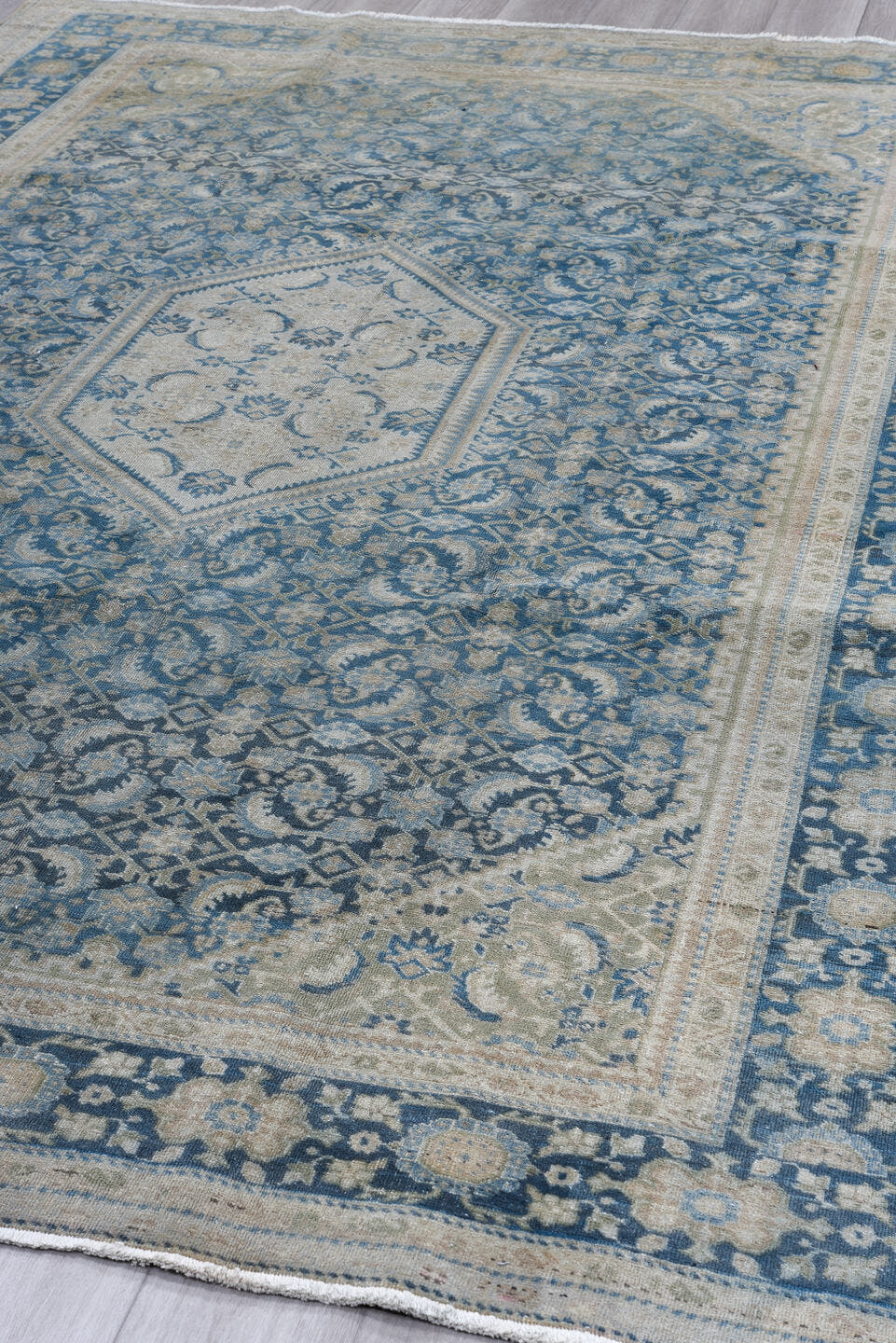 7' x 10' one-of-a-kind handmade vintage Tabriz large size rug. Color palette: blue, ivory, slate, cream, taupe, beige, gray