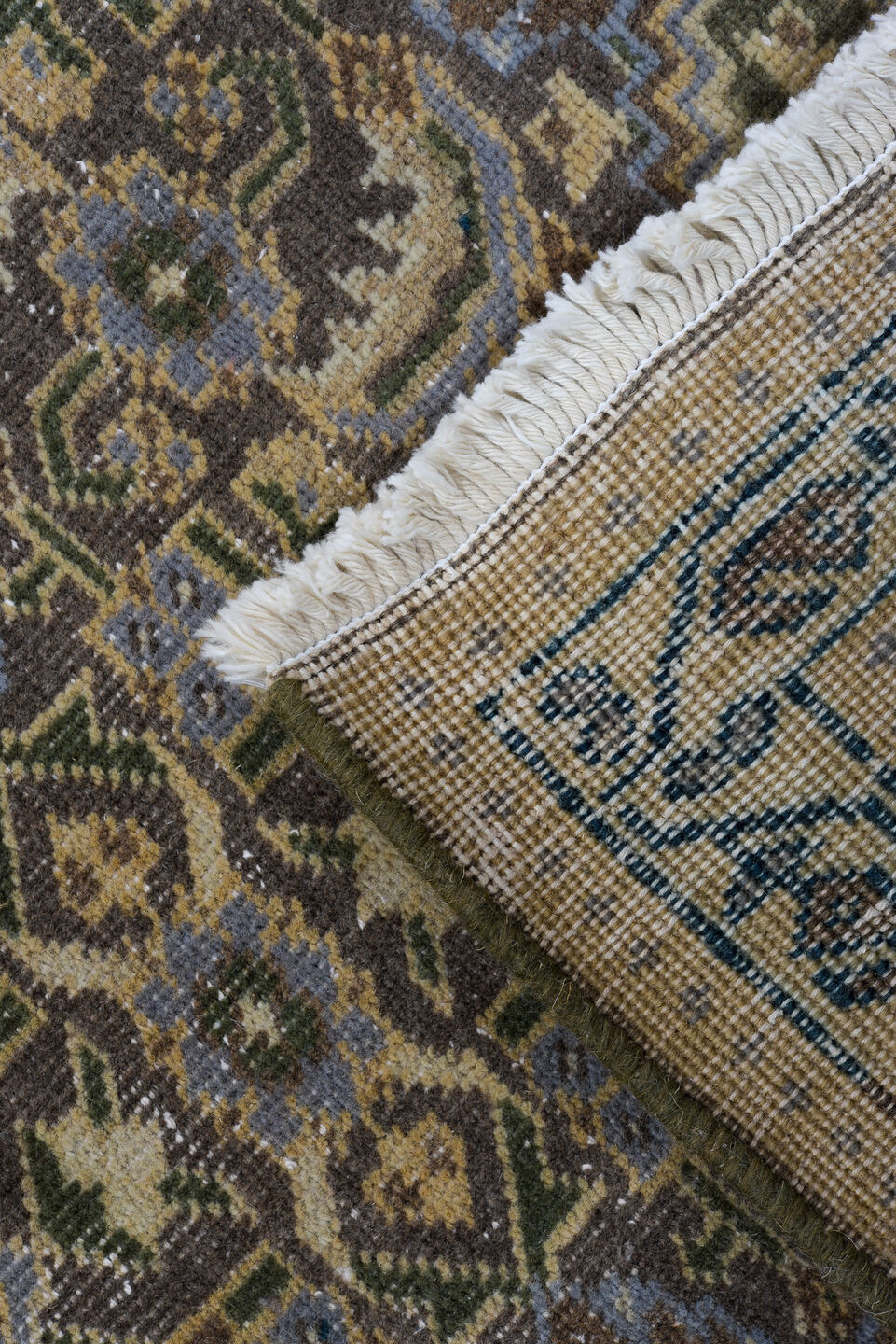 7' x 10' one-of-a-kind handmade vintage Tabriz large size rug. Color palette: taupe, charcoal, ivory, slate, camel, blue