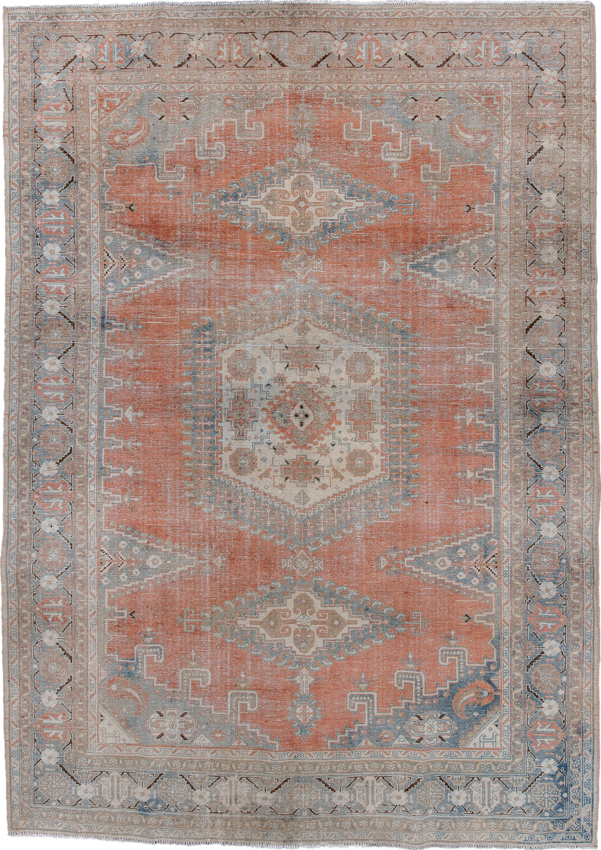 7' x 10' one-of-a-kind handmade vintage Veece large size rug. Color palette: blue, brown, dim gray, gainsboro, gray