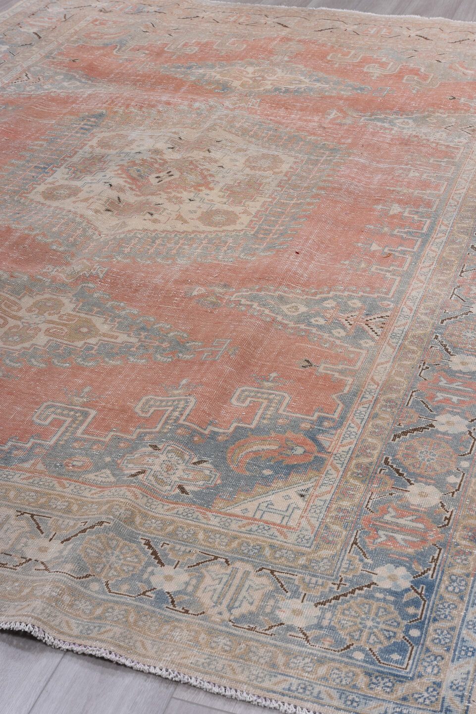 7' x 10' one-of-a-kind handmade vintage Veece large size rug. Color palette: blue, brown, dim gray, gainsboro, gray