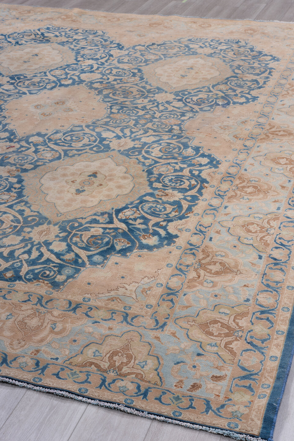 9' x 12' one-of-a-kind handmade vintage Tabriz large size rug. Color palette: arapawa, blue, brown, dark gray, gainsboro