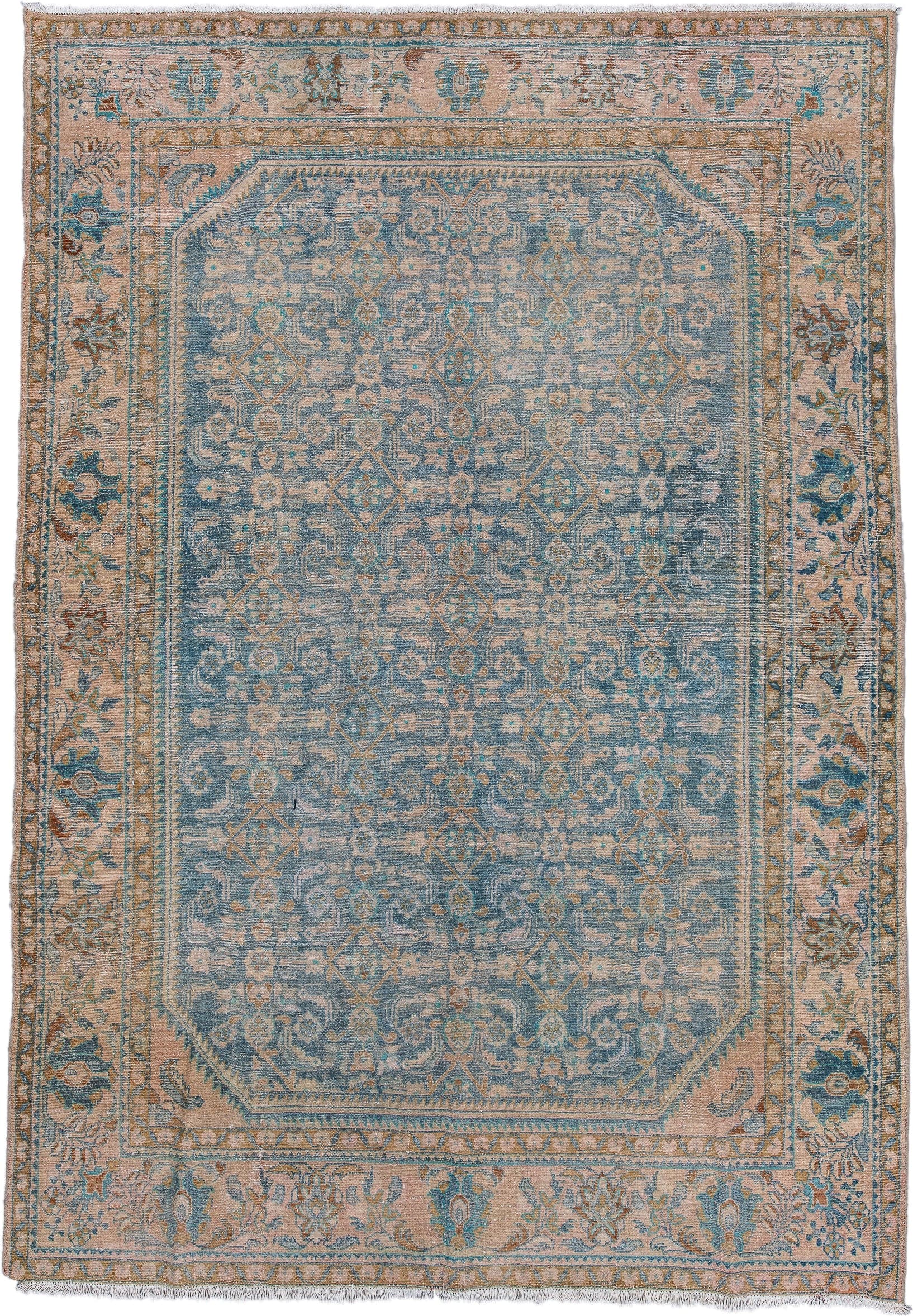 6' x 10' one-of-a-kind handmade vintage Malayer large size rug. Color palette: blue, ivory, blush, taupe, camel, teal, tan