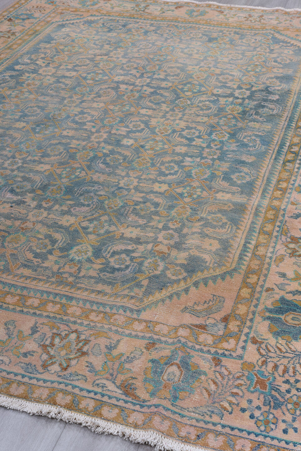 6' x 10' one-of-a-kind handmade vintage Malayer large size rug. Color palette: blue, ivory, blush, taupe, camel, teal, tan