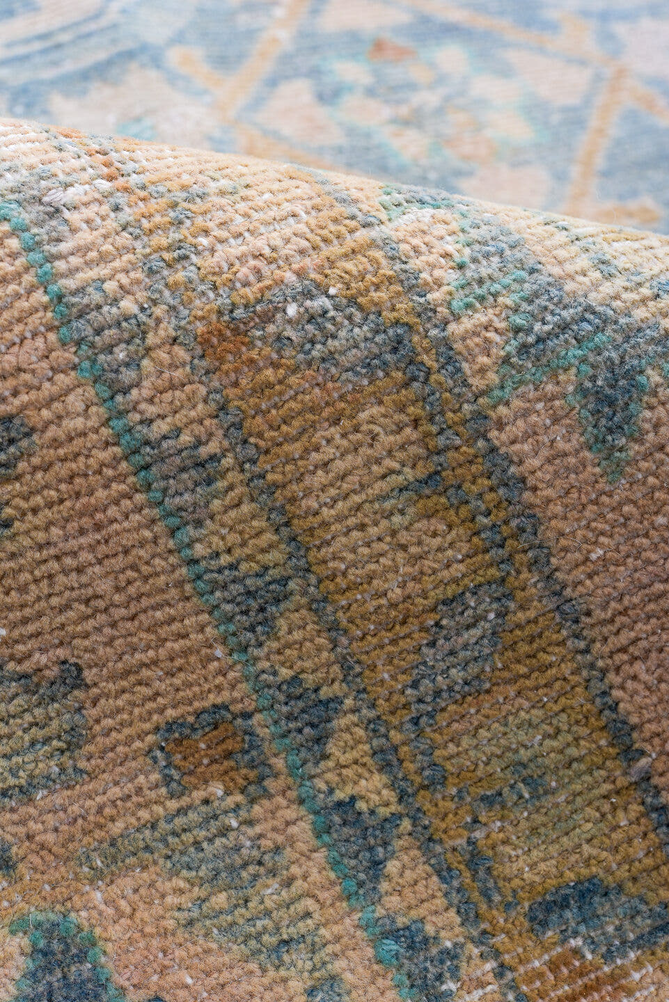 6' x 10' one-of-a-kind handmade vintage Malayer large size rug. Color palette: blue, ivory, blush, taupe, camel, teal, tan