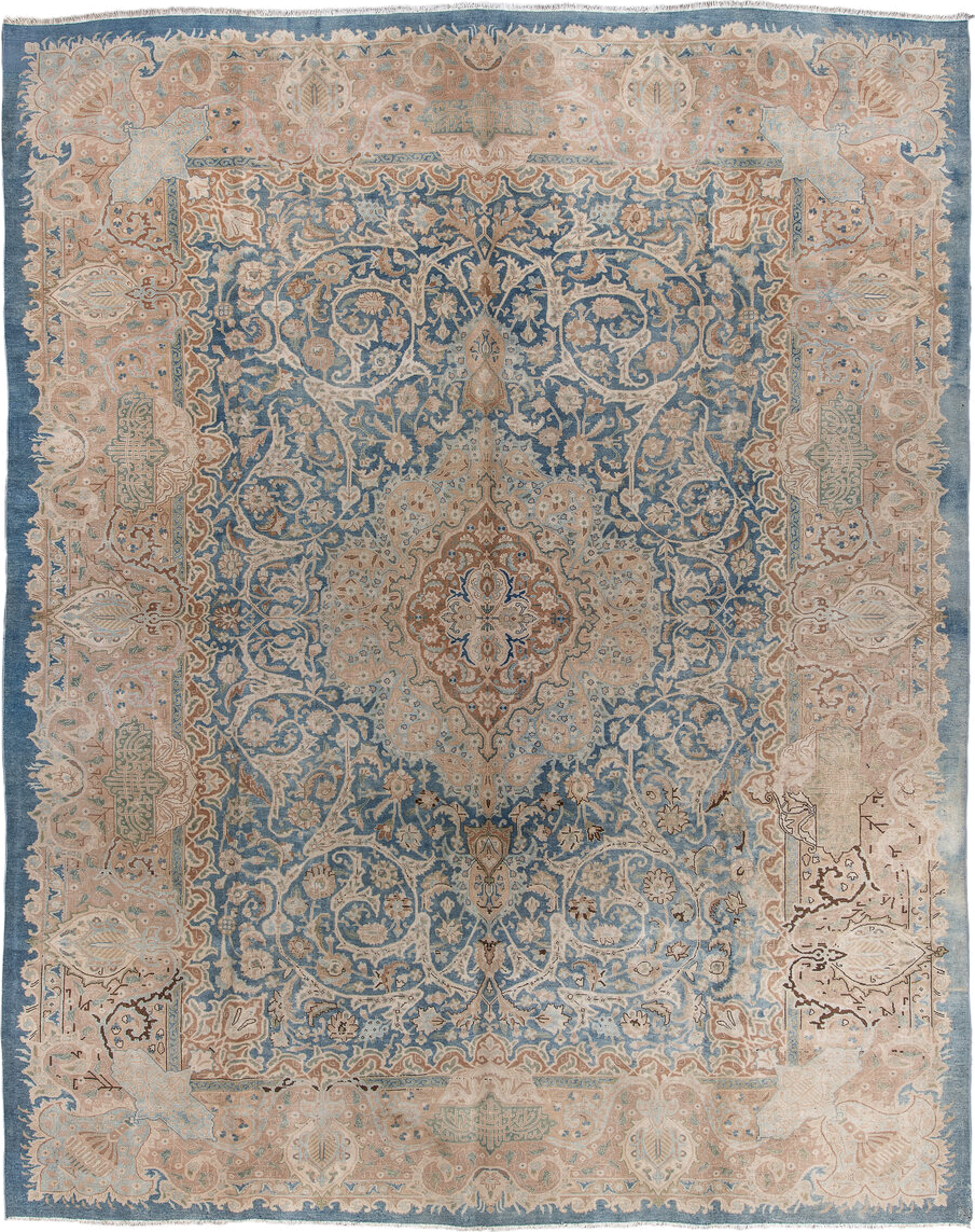 9' x 12' one-of-a-kind handmade vintage Kerman large size rug. Color palette: blue, ivory, blush, beige, taupe, camel, sage