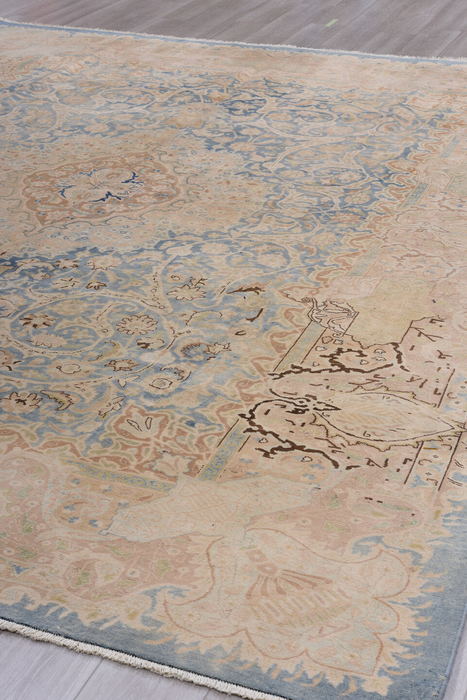 9' x 12' one-of-a-kind handmade vintage Kerman large size rug. Color palette: black, blue, brown, charcoal, dark gray, gray