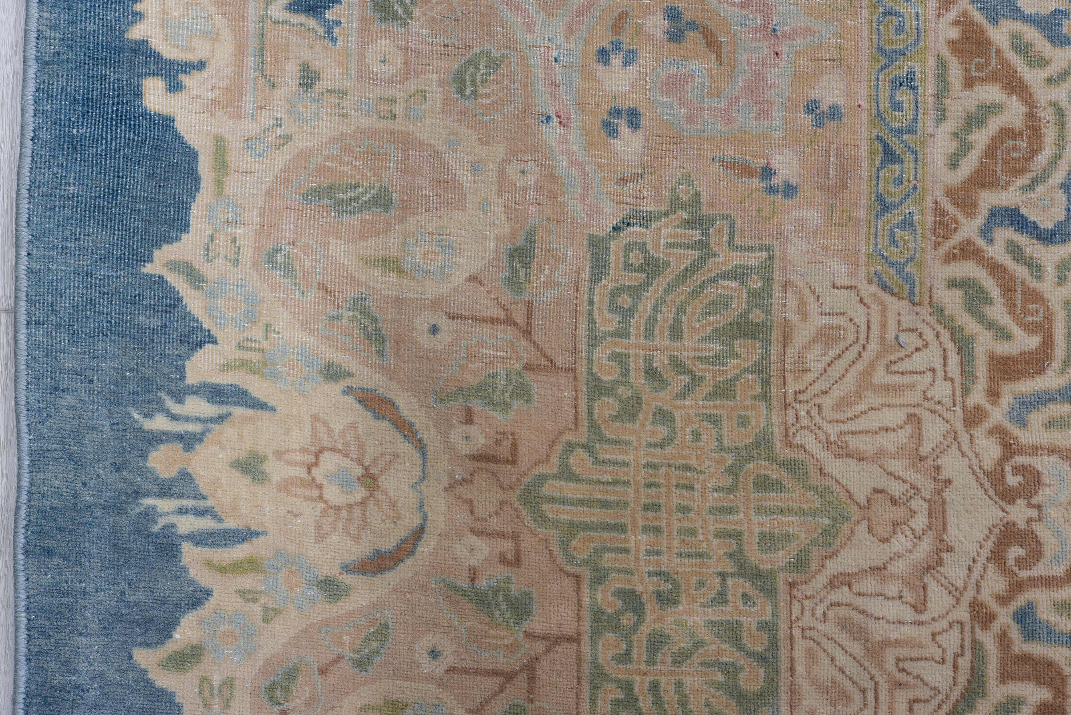 9' x 12' one-of-a-kind handmade vintage Kerman large size rug. Color palette: blue, ivory, blush, beige, taupe, camel, sage