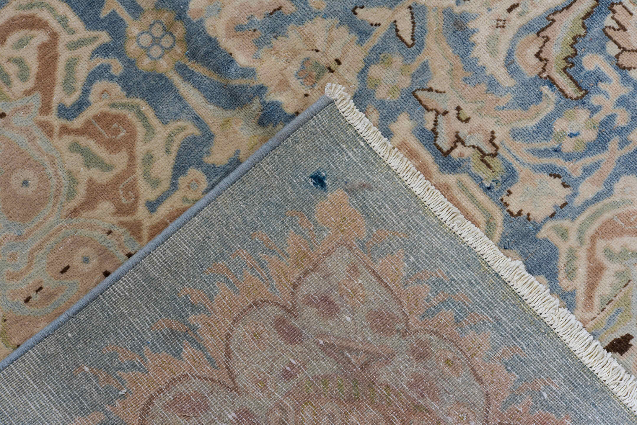 9' x 12' one-of-a-kind handmade vintage Kerman large size rug. Color palette: blue, ivory, blush, beige, taupe, camel, sage