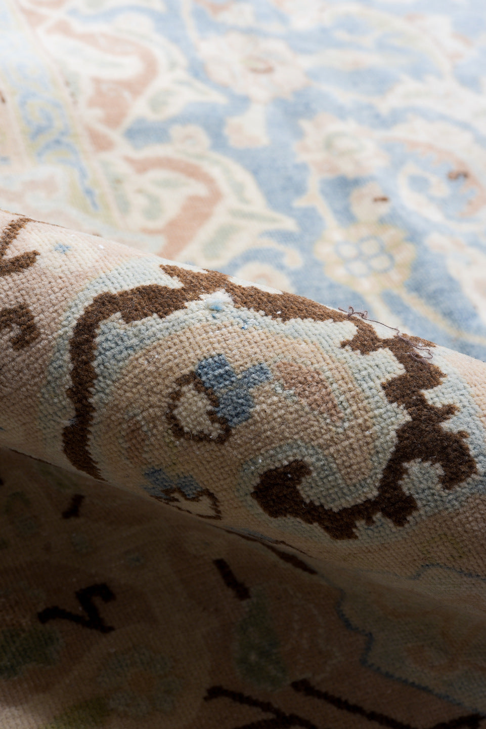 9' x 12' one-of-a-kind handmade vintage Kerman large size rug. Color palette: blue, ivory, blush, beige, taupe, camel, sage