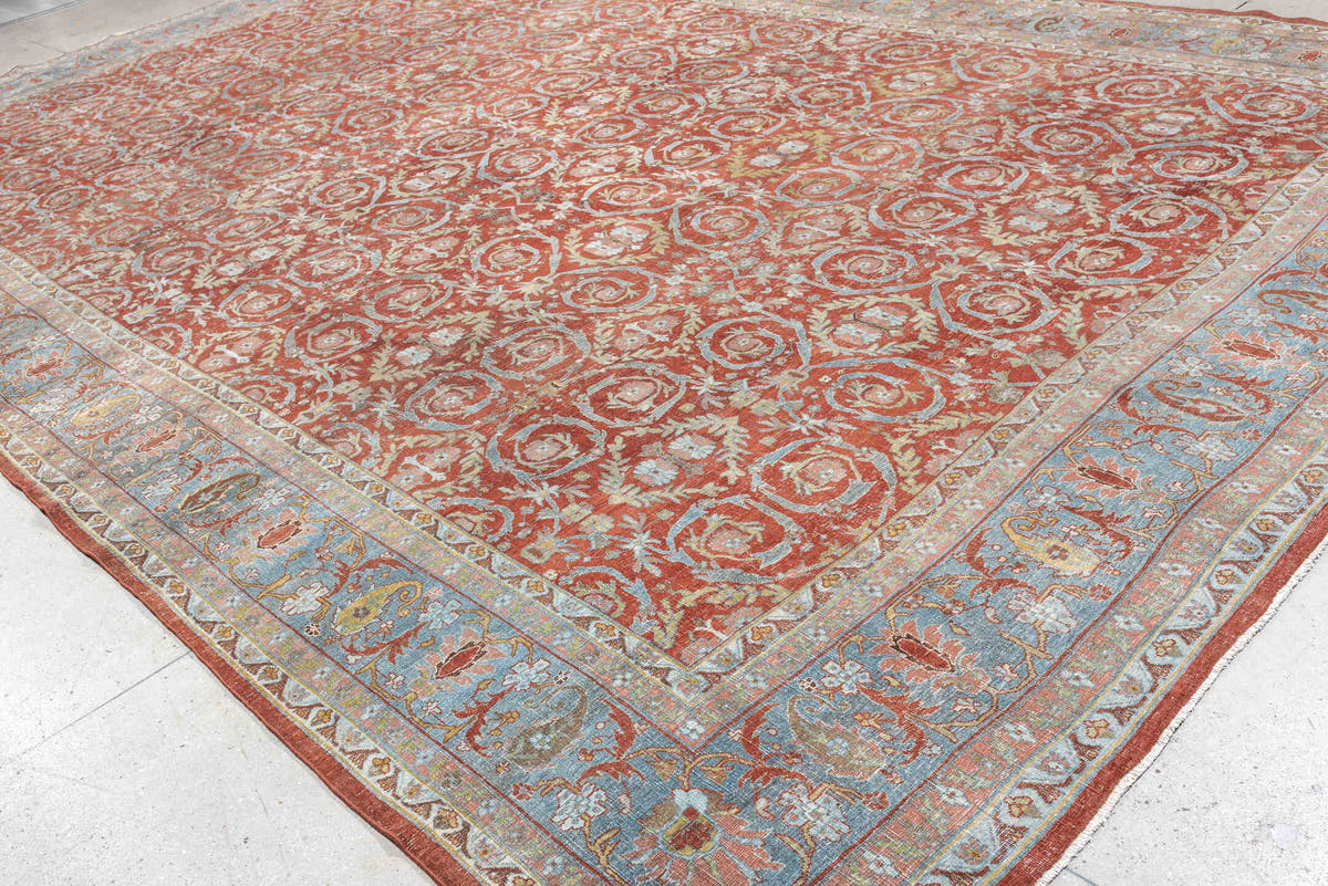 11' x 18' one-of-a-kind handmade antique Bidjar oversize rug. Color palette: terracotta, powder blue, ivory, rust, sage