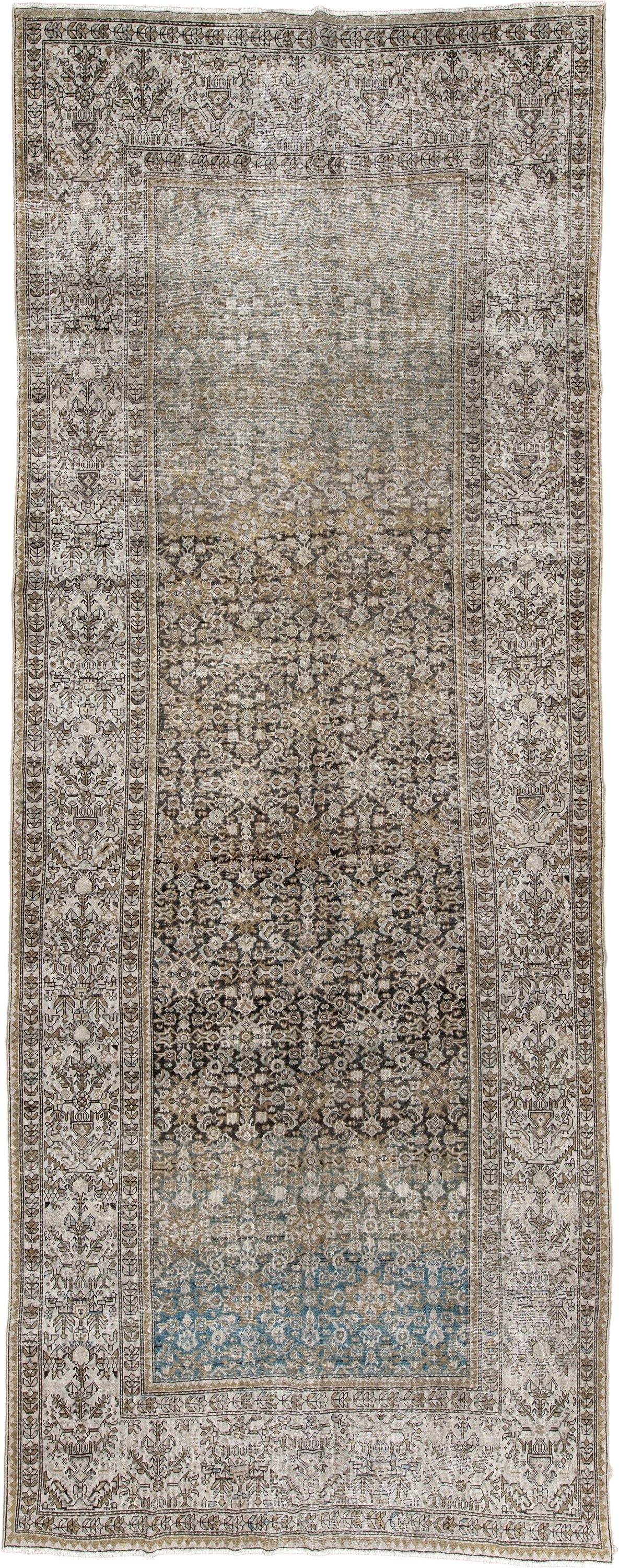 6' x 17' one-of-a-kind handmade antique Malayer rug. Color palette: ivory, taupe, charcoal, slate, turquoise, sage, camel