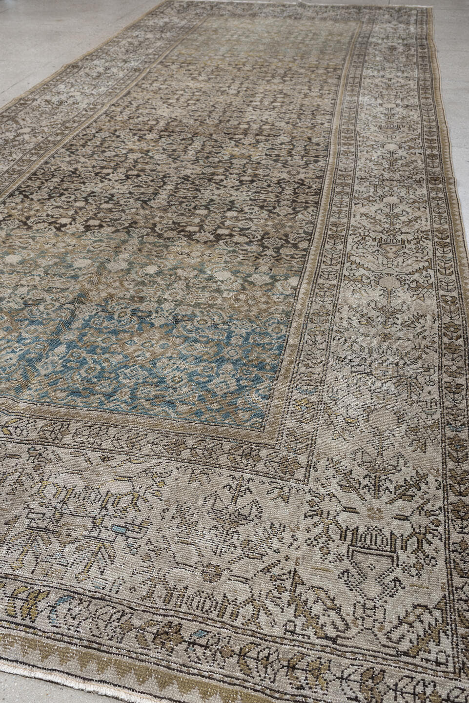 6' x 17' one-of-a-kind handmade antique Malayer rug. Color palette: ivory, taupe, charcoal, slate, turquoise, sage, camel