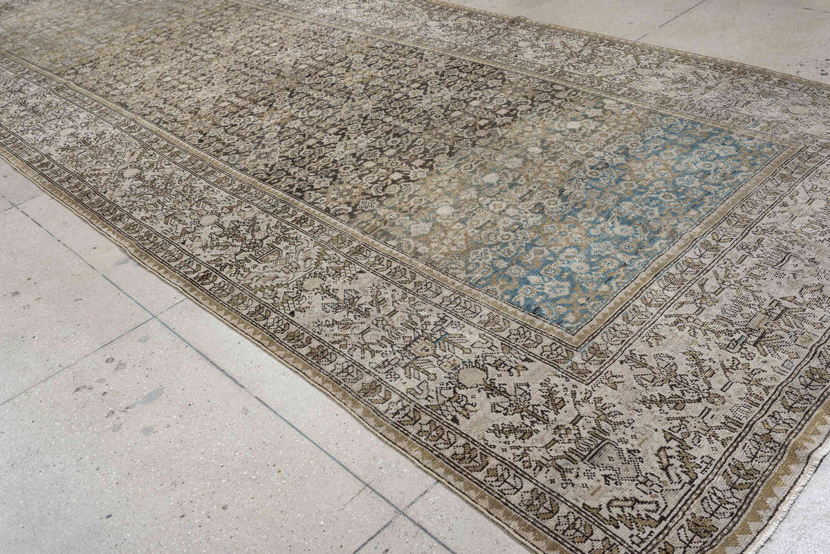 6' x 17' one-of-a-kind handmade antique Malayer rug. Color palette: ivory, taupe, charcoal, slate, turquoise, sage, camel