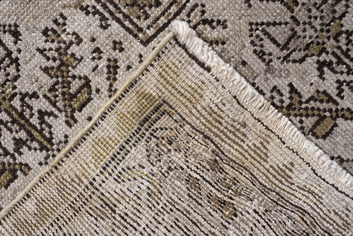 6' x 17' one-of-a-kind handmade antique Malayer rug. Color palette: ivory, taupe, charcoal, slate, turquoise, sage, camel
