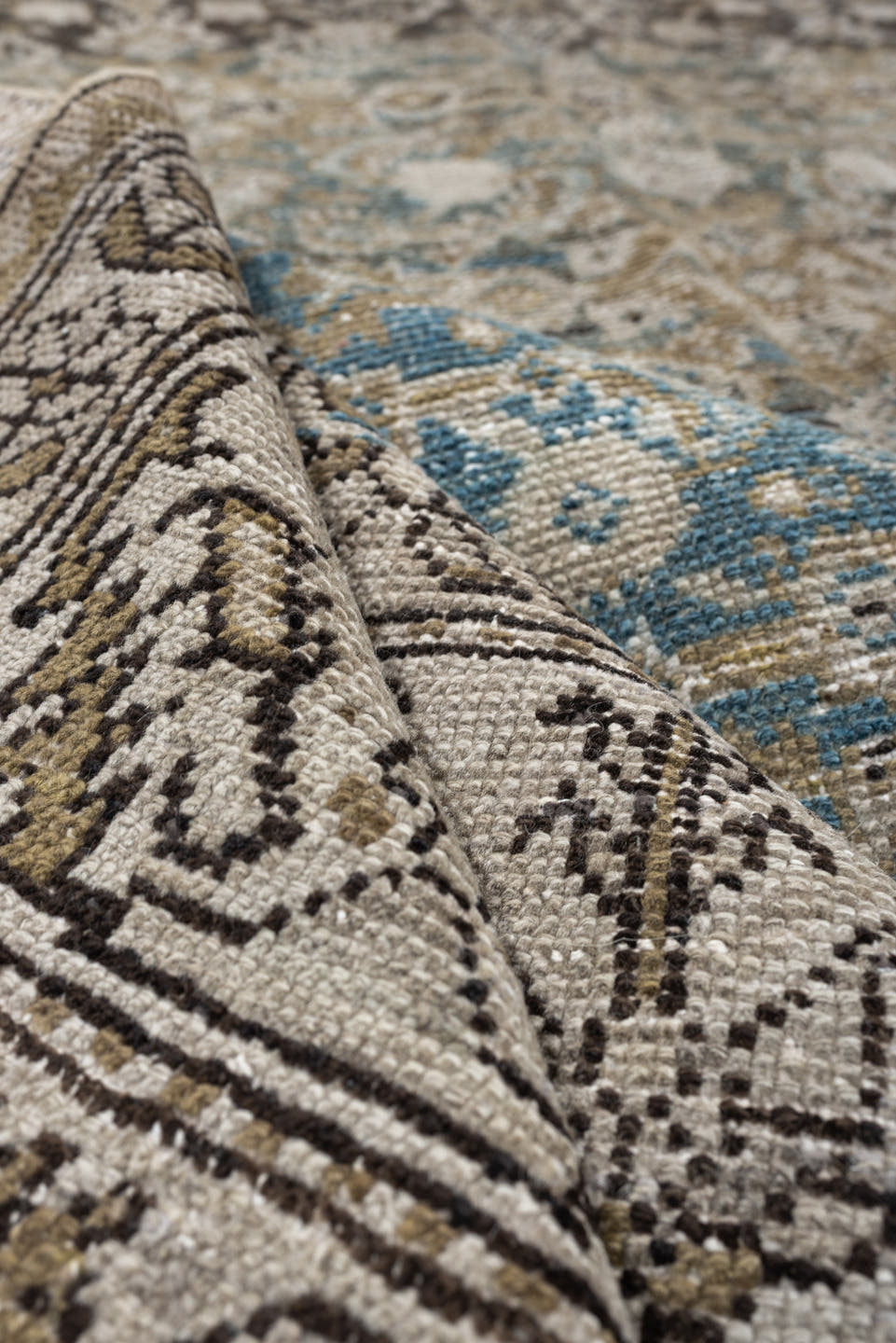 6' x 17' one-of-a-kind handmade antique Malayer rug. Color palette: ivory, taupe, charcoal, slate, turquoise, sage, camel