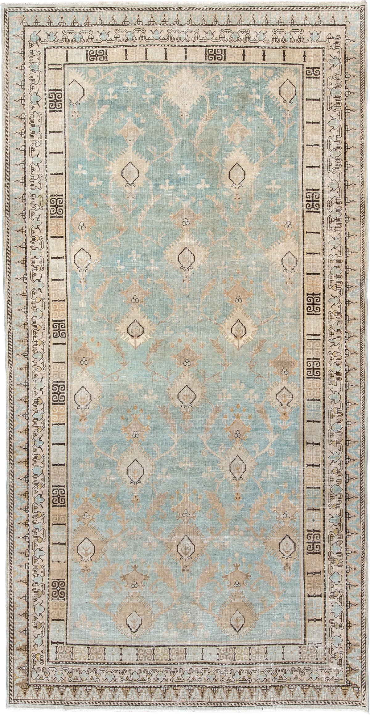 6' x 12' one-of-a-kind handmade antique Khotan large size rug. Color palette: aqua, ivory, beige, tan, taupe, charcoal