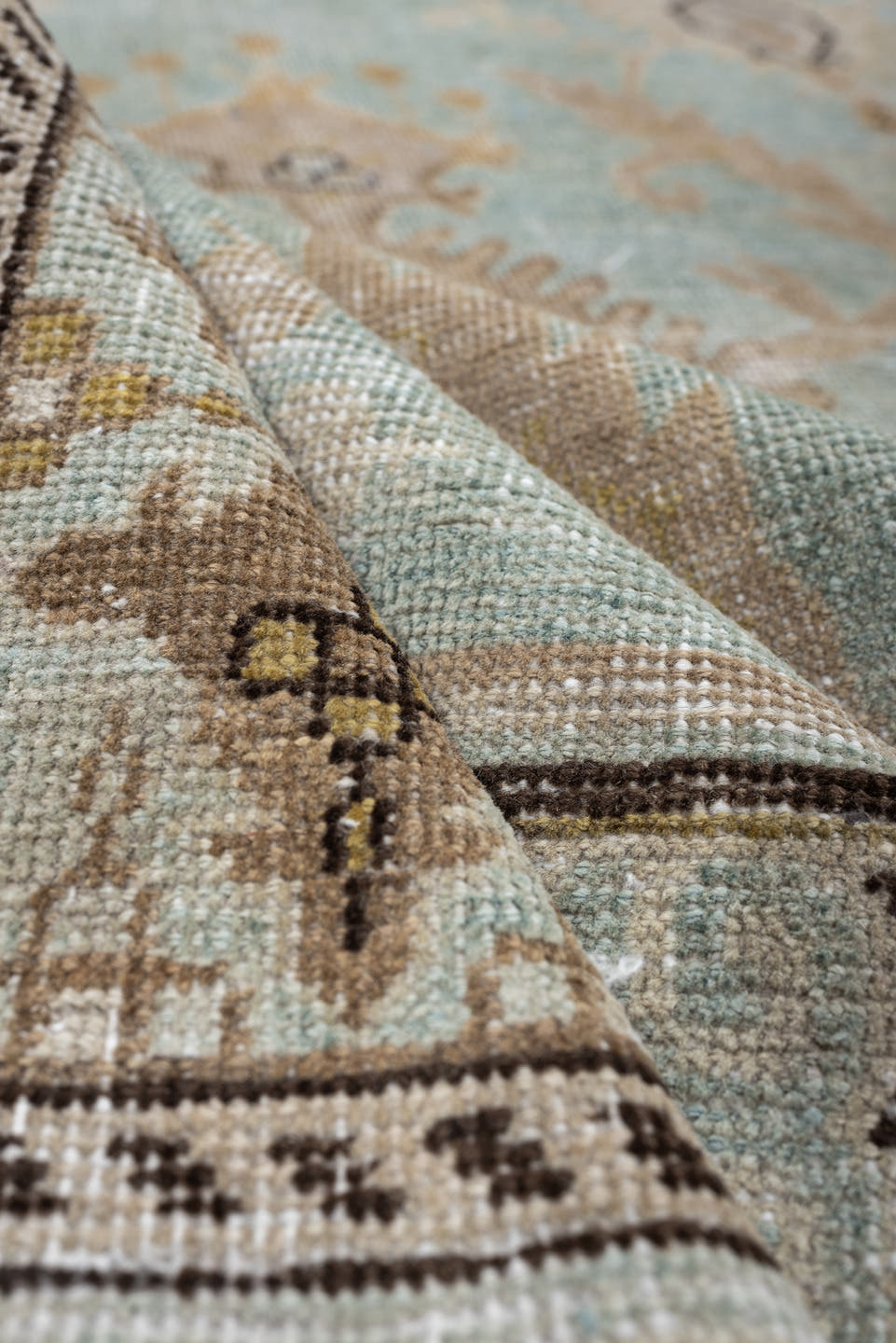 6' x 12' one-of-a-kind handmade antique Khotan large size rug. Color palette: aqua, ivory, beige, tan, taupe, charcoal