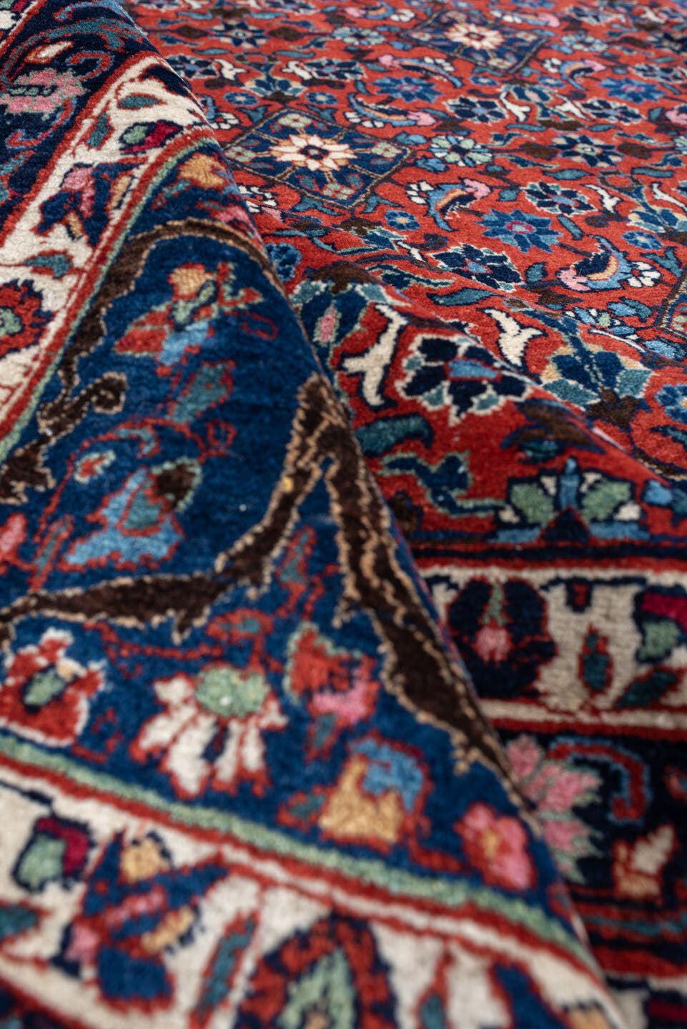10' x 13' one-of-a-kind handmade antique Tehran large size rug. Color palette: crimson, navy, ivory, rust, slate, teal, rose