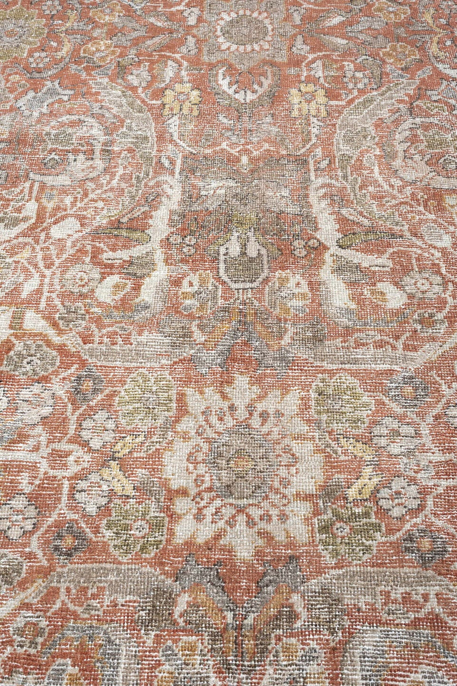 10' x 13' one-of-a-kind handmade antique Mahal oversize rug. Color palette: terracotta, ivory, taupe, sage, gray, rust