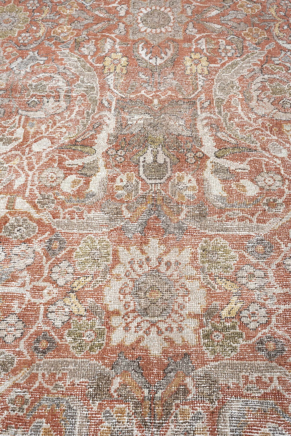 10' x 13' one-of-a-kind handmade antique Mahal oversize rug. Color palette: terracotta, ivory, taupe, sage, gray, rust