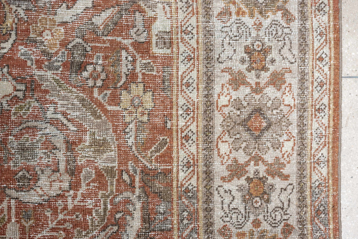 10' x 13' one-of-a-kind handmade antique Mahal oversize rug. Color palette: terracotta, ivory, taupe, sage, gray, rust