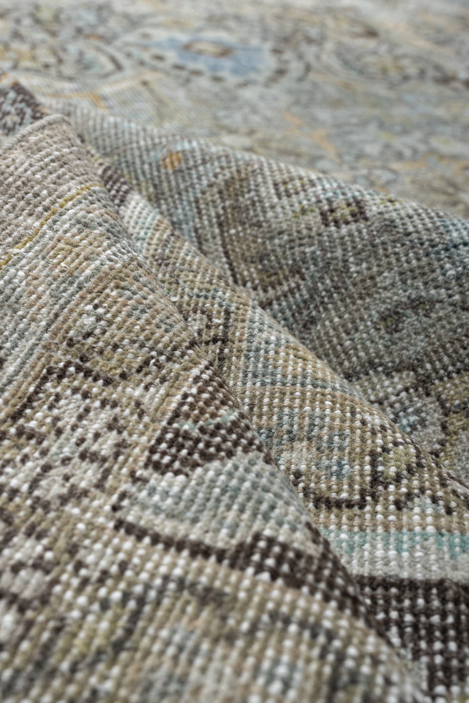 8' x 11' one-of-a-kind handmade antique Mahal large size rug. Color palette: blue gray, ivory, charcoal, taupe, sage