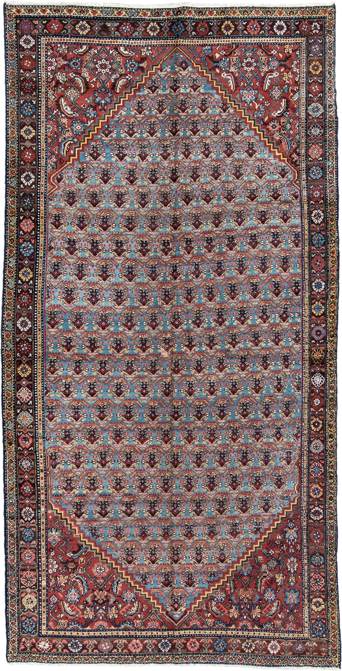 5' x 10' one-of-a-kind handmade antique Malayer rug. Color palette: turquoise, madder red, navy, ivory, saffron, charcoal