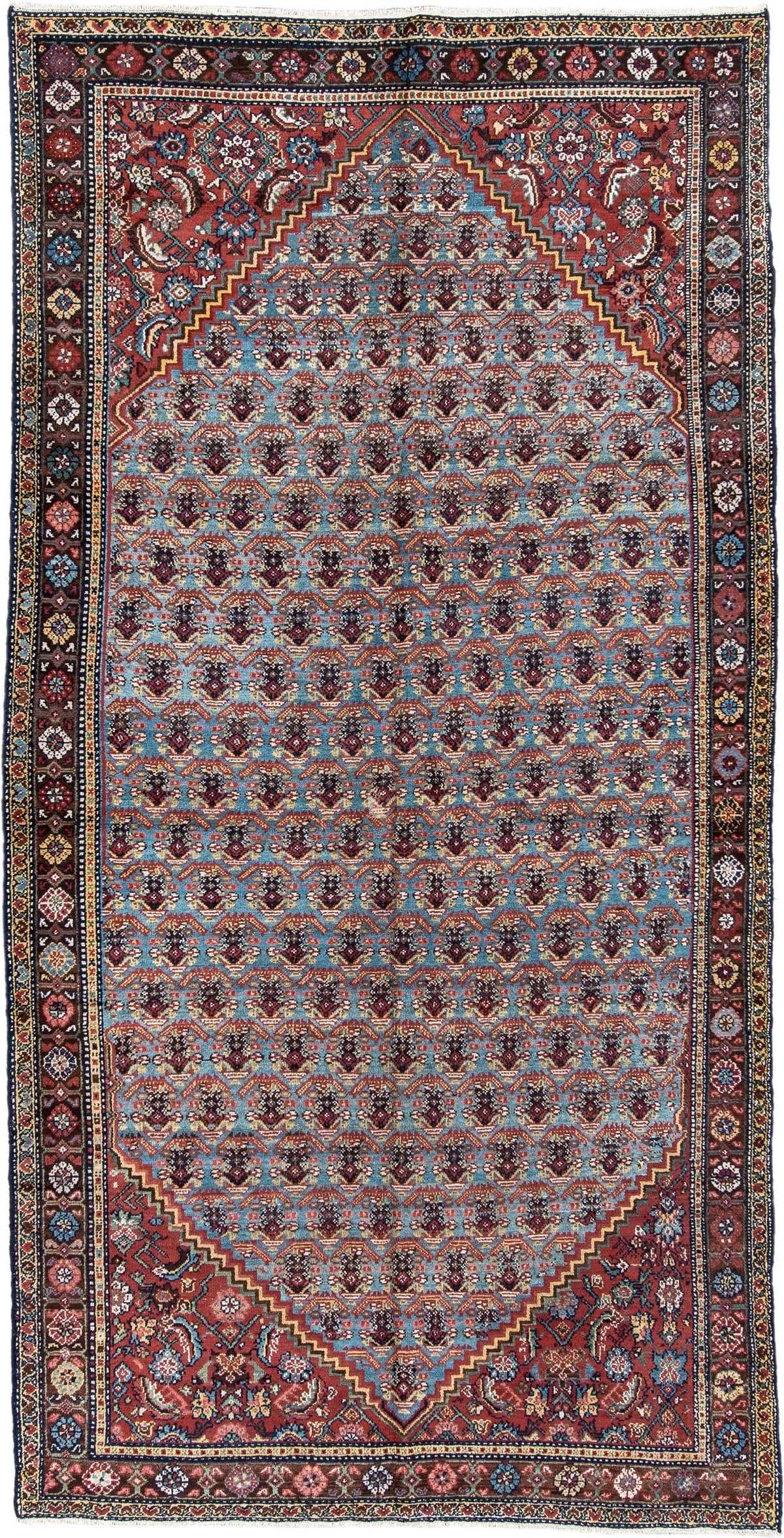 5' x 10' one-of-a-kind handmade antique Malayer rug. Color palette: turquoise, madder red, navy, ivory, saffron, charcoal