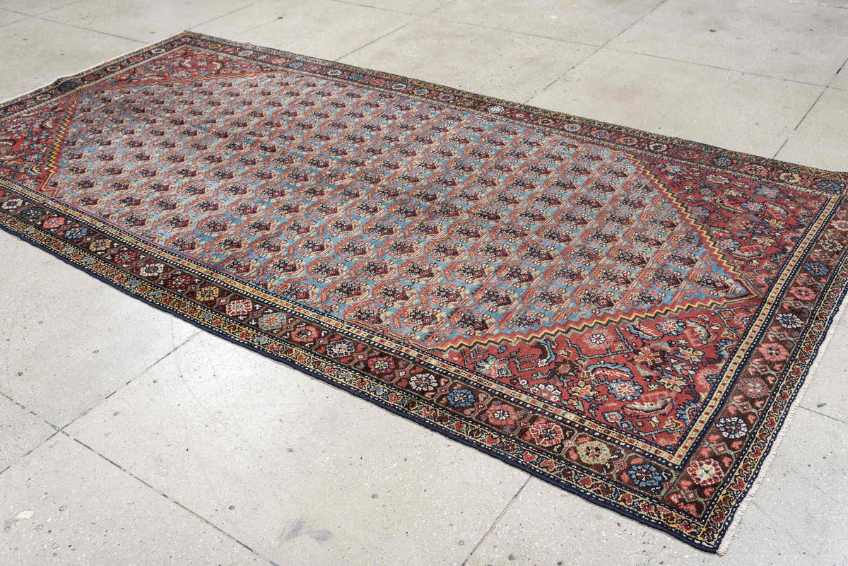 5' x 10' one-of-a-kind handmade antique Malayer rug. Color palette: turquoise, madder red, navy, ivory, saffron, charcoal
