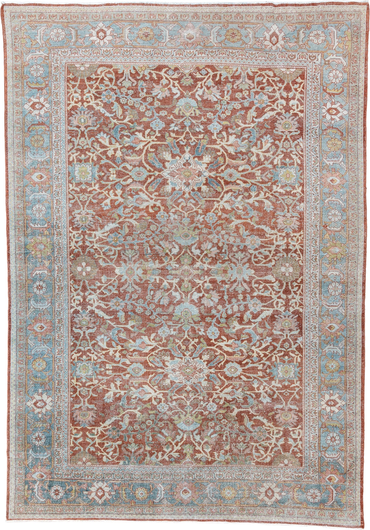 9' x 13' one-of-a-kind handmade antique Mahal large size rug. Color palette: terracotta, pale blue, ivory, sage, rust