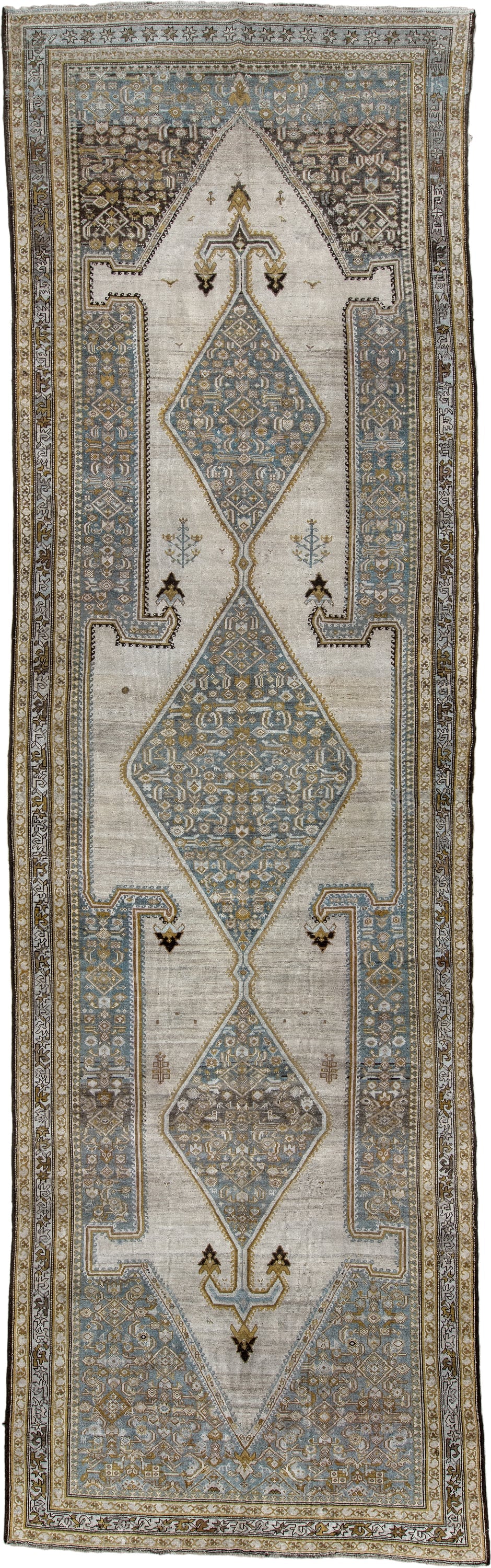 5' x 17' one-of-a-kind handmade antique Malayer rug. Color palette: ivory, blue gray, taupe, ochre, camel, charcoal, brown